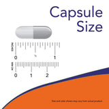 Now Foods cápsula junto a regla para comparar tamaño de toma