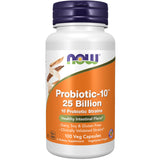 NOW Foods frasco frontal Probiotic-10™ mostrando etiqueta y beneficios