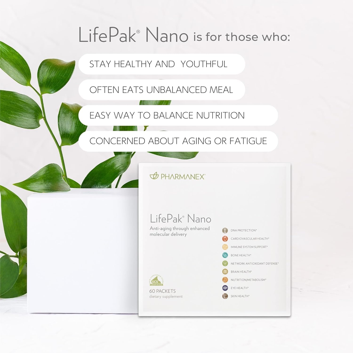 Nu Skin LifePak Nano comparación de escala tamaño del sobre