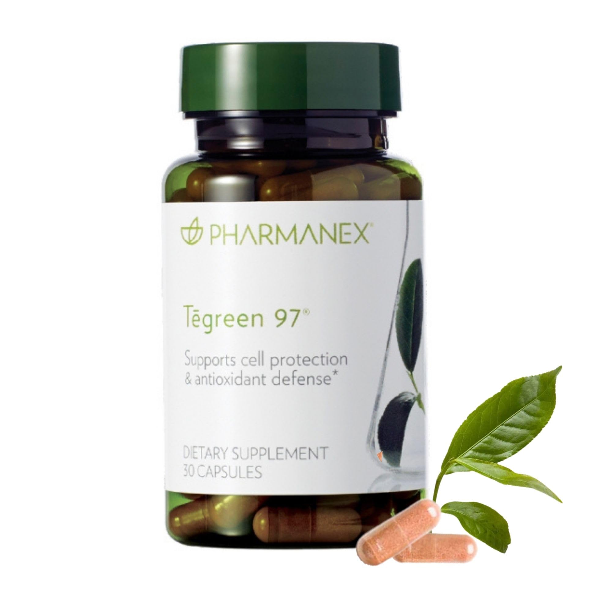 Nu Skin frasco Tēgreen 97 frente mostrando presentación compacta y conveniente