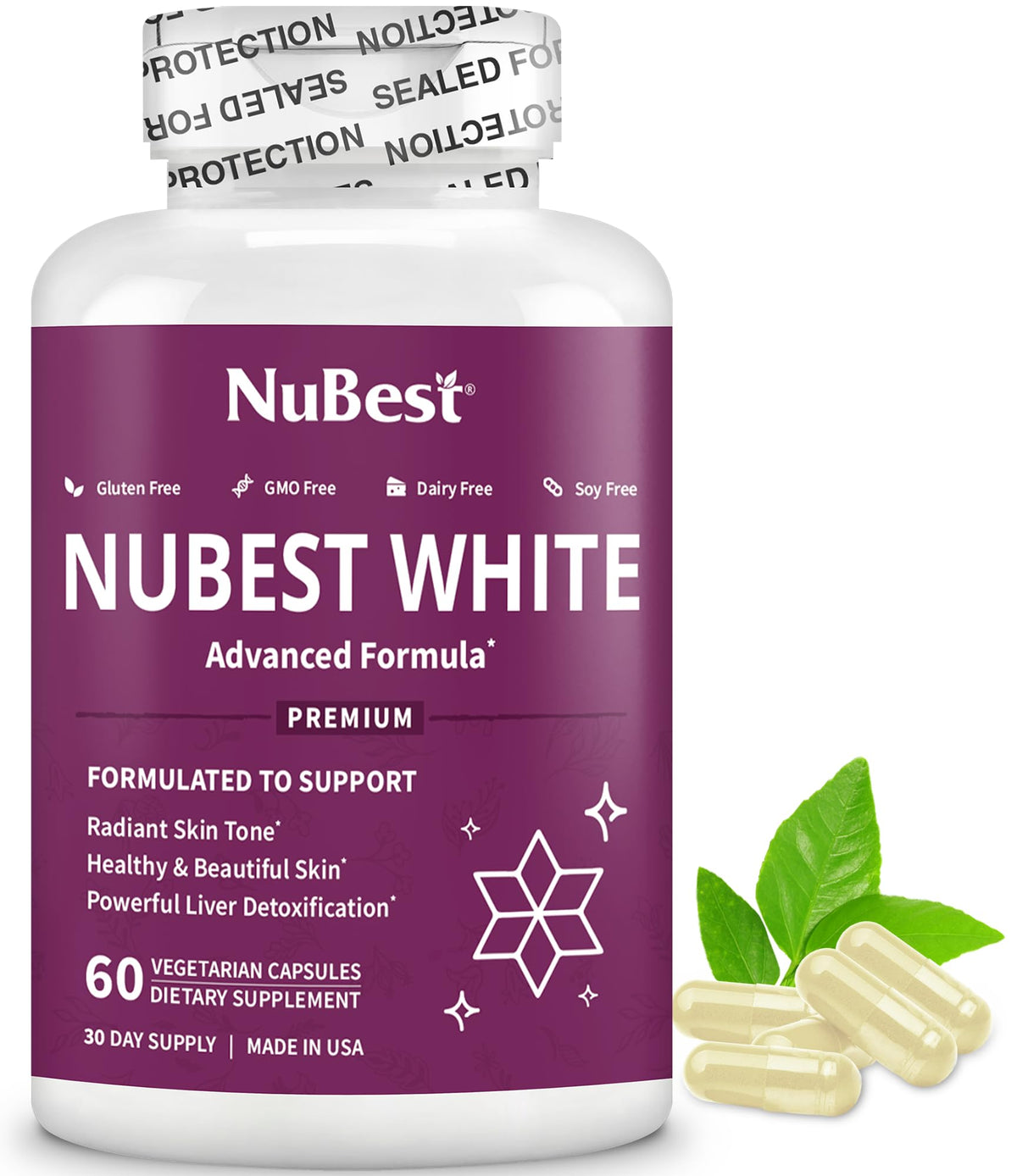 NuBest frasco frontal mostrando diseño y beneficio de piel radiante