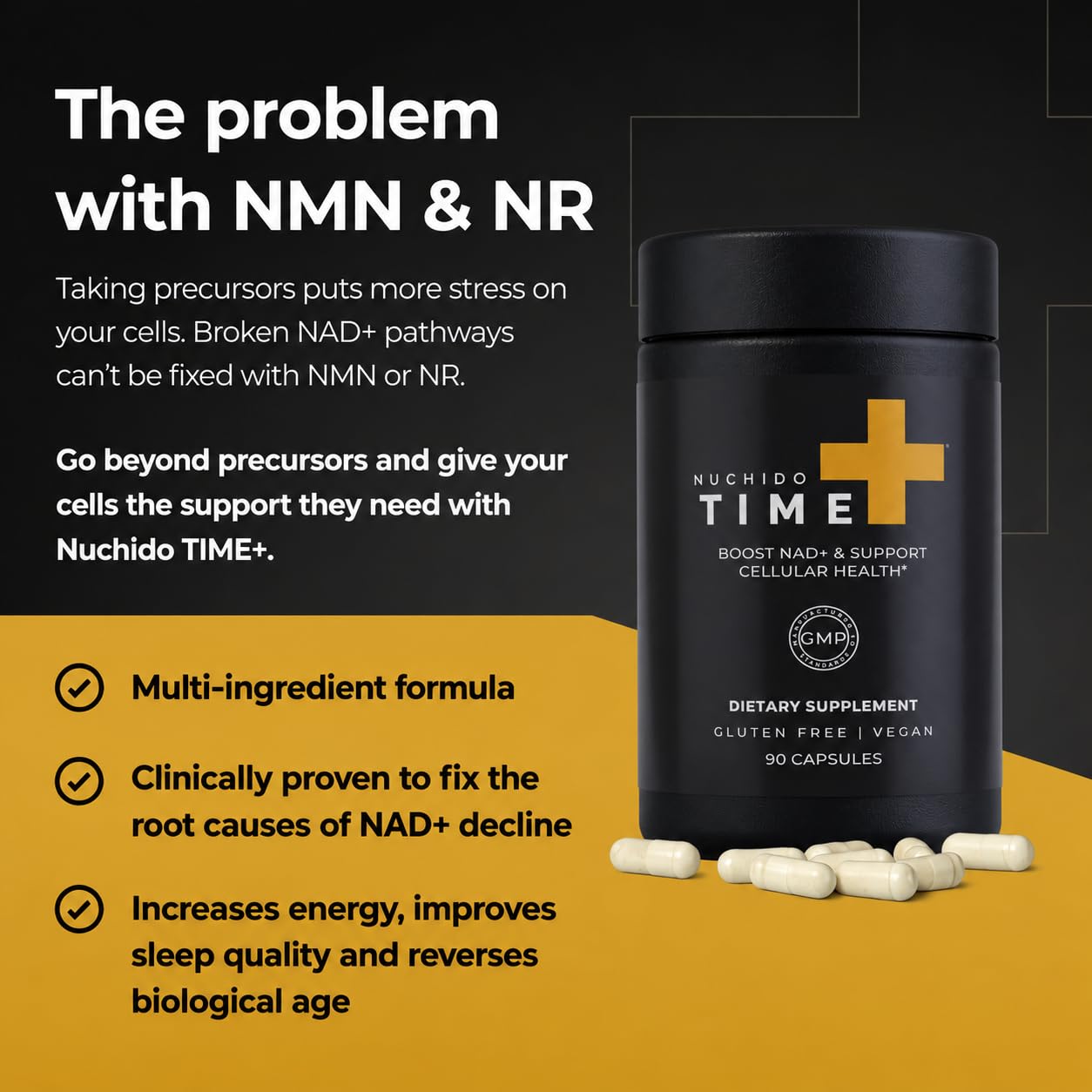Nuchido Time+ cápsulas apiladas, detalle de formulación y tamaño práctico