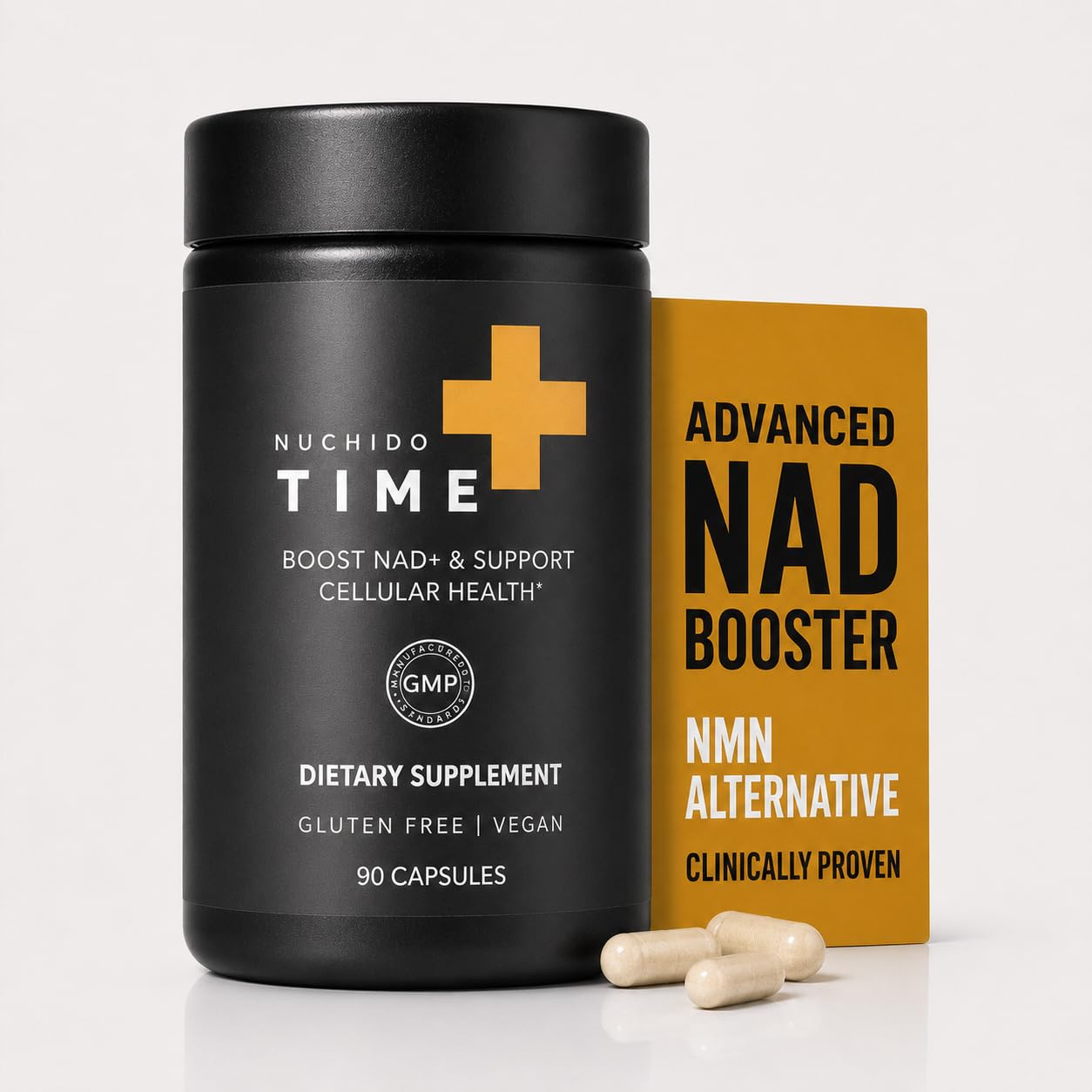 Nuchido Time+ envase frontal mostrando marca y diseño, favorece confianza