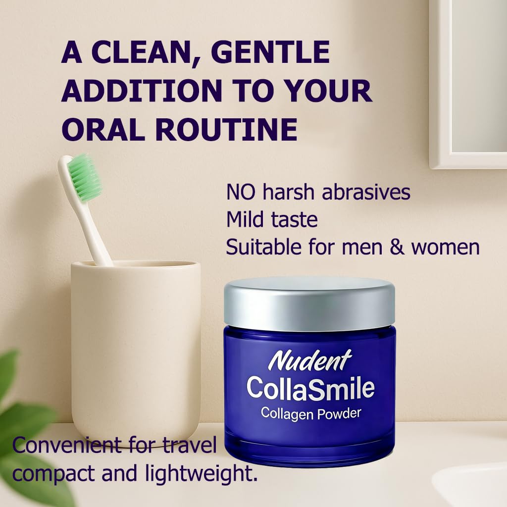 Nudent CollaSmile tarro en baño mostrando uso diario y estilo minimalista