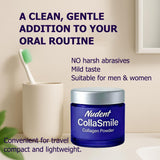 Nudent CollaSmile tarro en baño mostrando uso diario y estilo minimalista