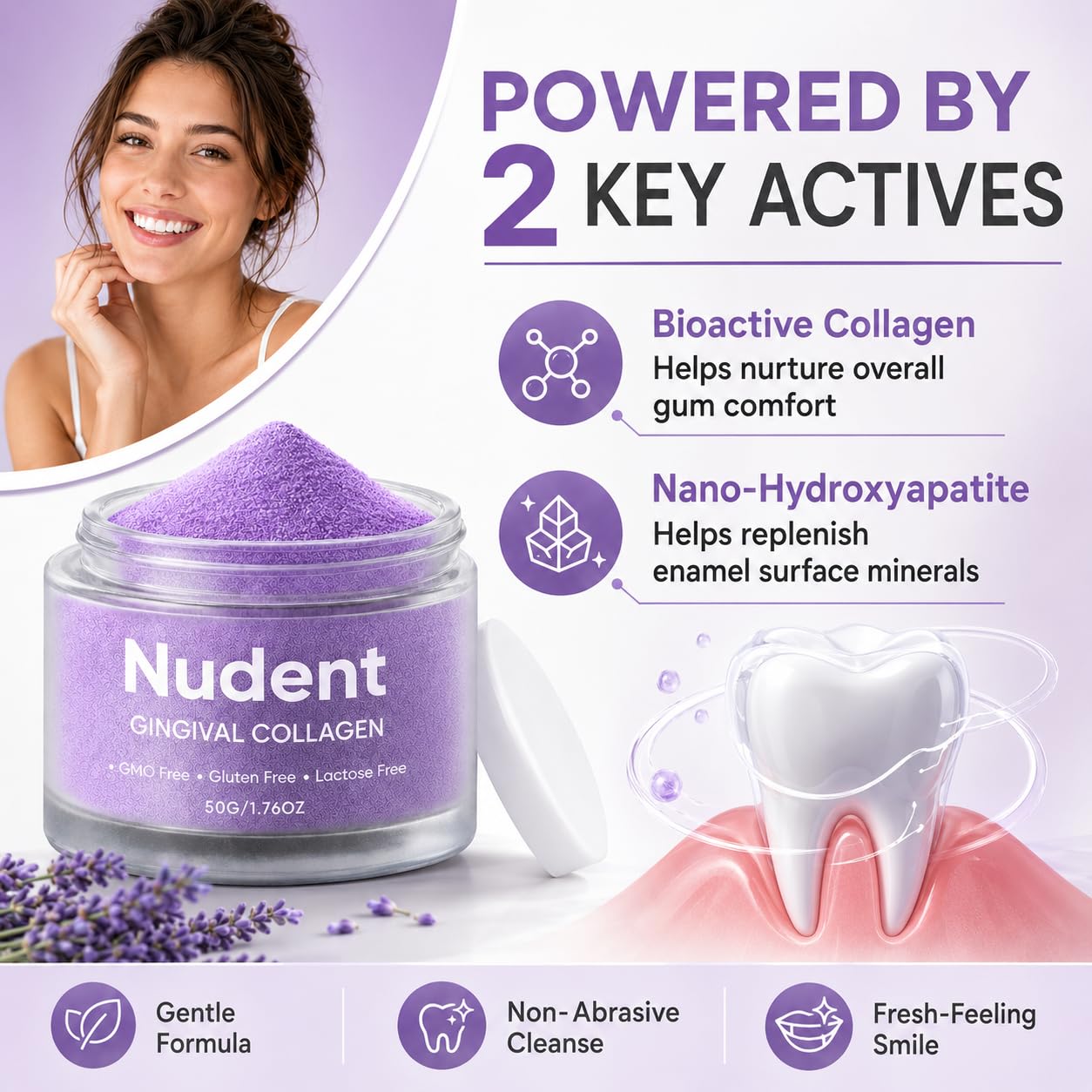Nudent Collasmile polvo en cepillo demostrando aplicación precisa