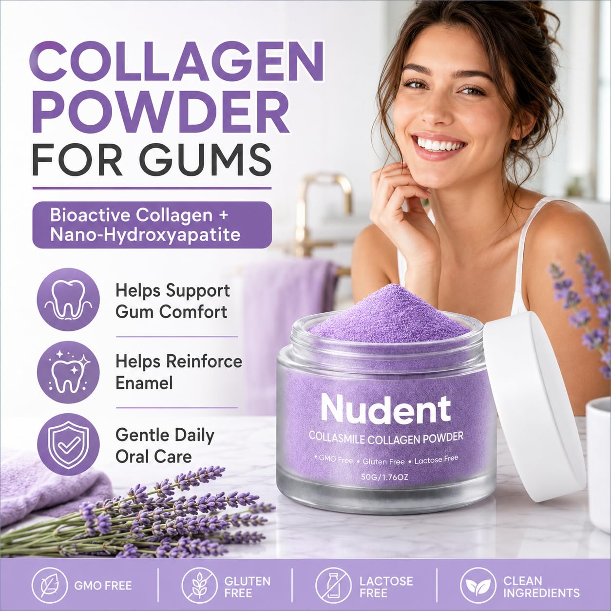 Nudent Collasmile textura en polvo cercana indicando suavidad al tacto