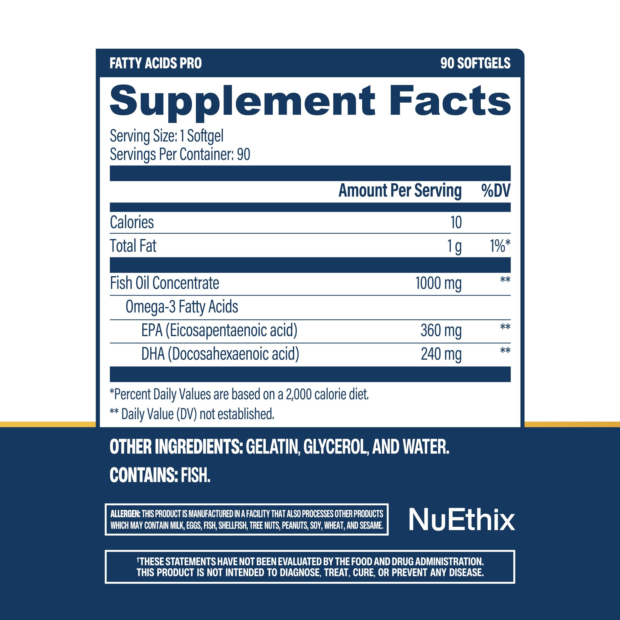 NuEthix Formulations etiqueta y tabla de suplementos mostrando EPA y DHA claros