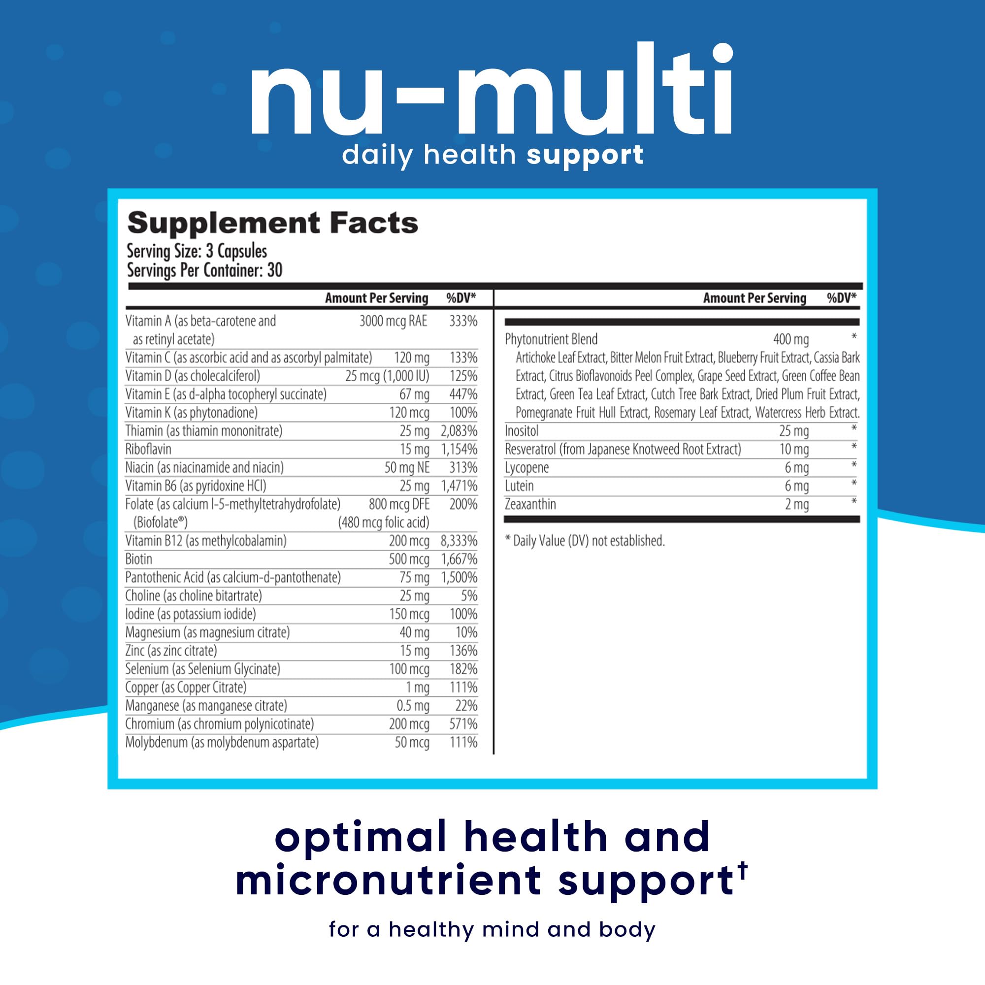 NuEthix Formulations Nu-Multi en mano para comparar escala y tomar con facilidad