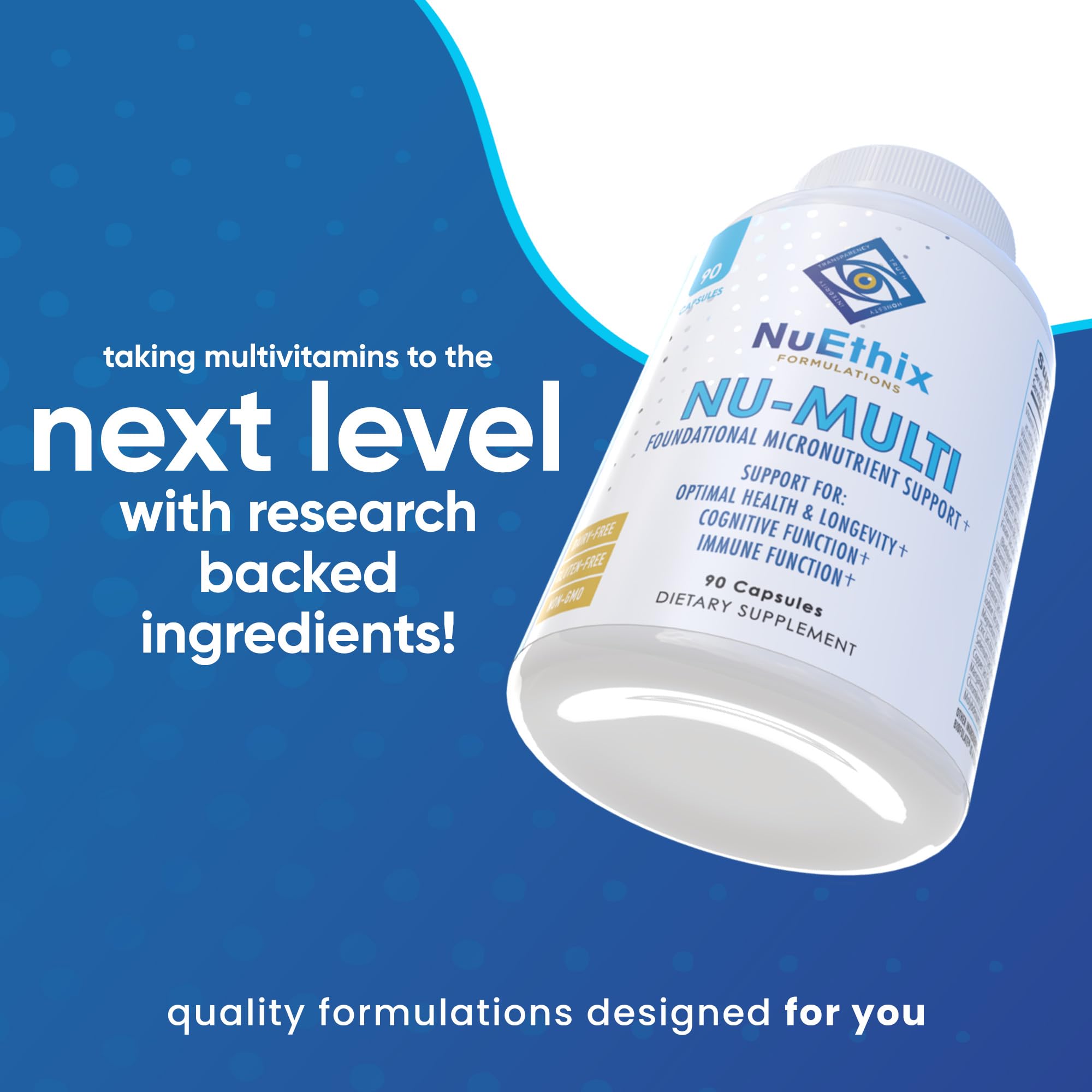 NuEthix Formulations Ni-Multi servido junto a plato simbolizando toma con comida