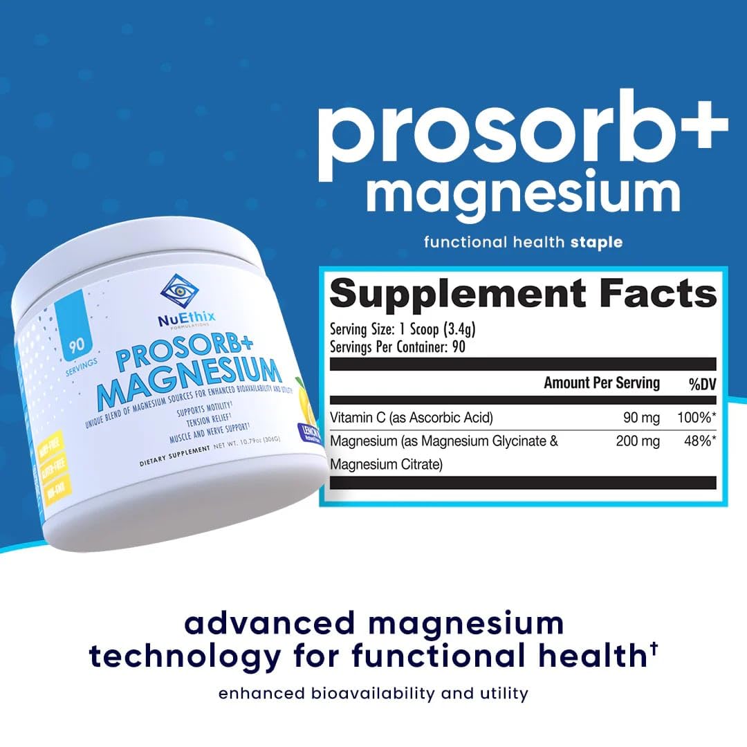 NuEthix Prosorb+ etiqueta con ingredientes, magnesio 200 mg y vitamina C 90 mg