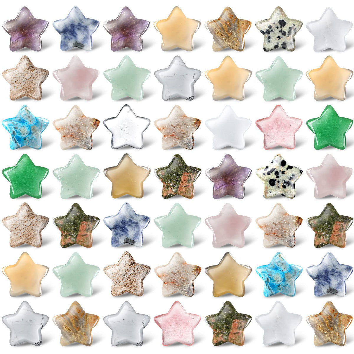 Nuenen vista frontal del surtido de 50 estrellas mostrando variedad de colores y formas, ideal para proyectos creativos