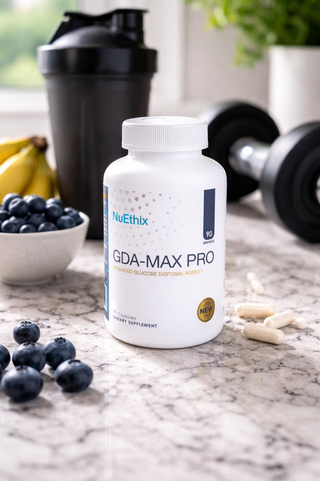 NuEthix GDA-MAX PRO comparación de tamaño de botella y cápsulas