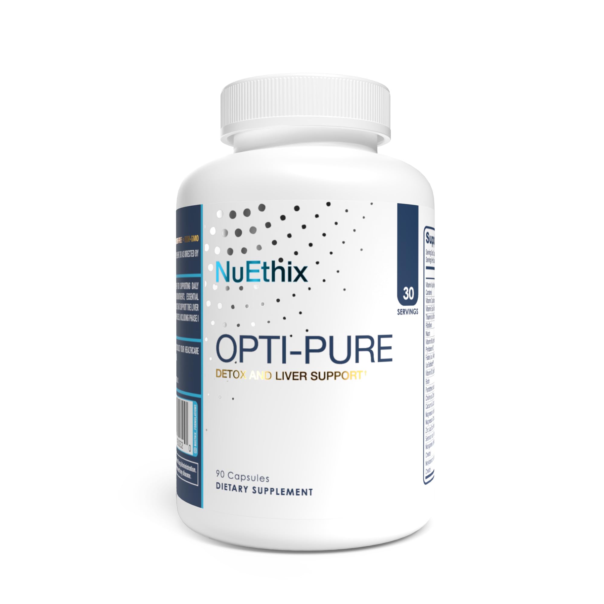 NuEthix Opti-Pure frasco frontal mostrando etiqueta y beneficios claros