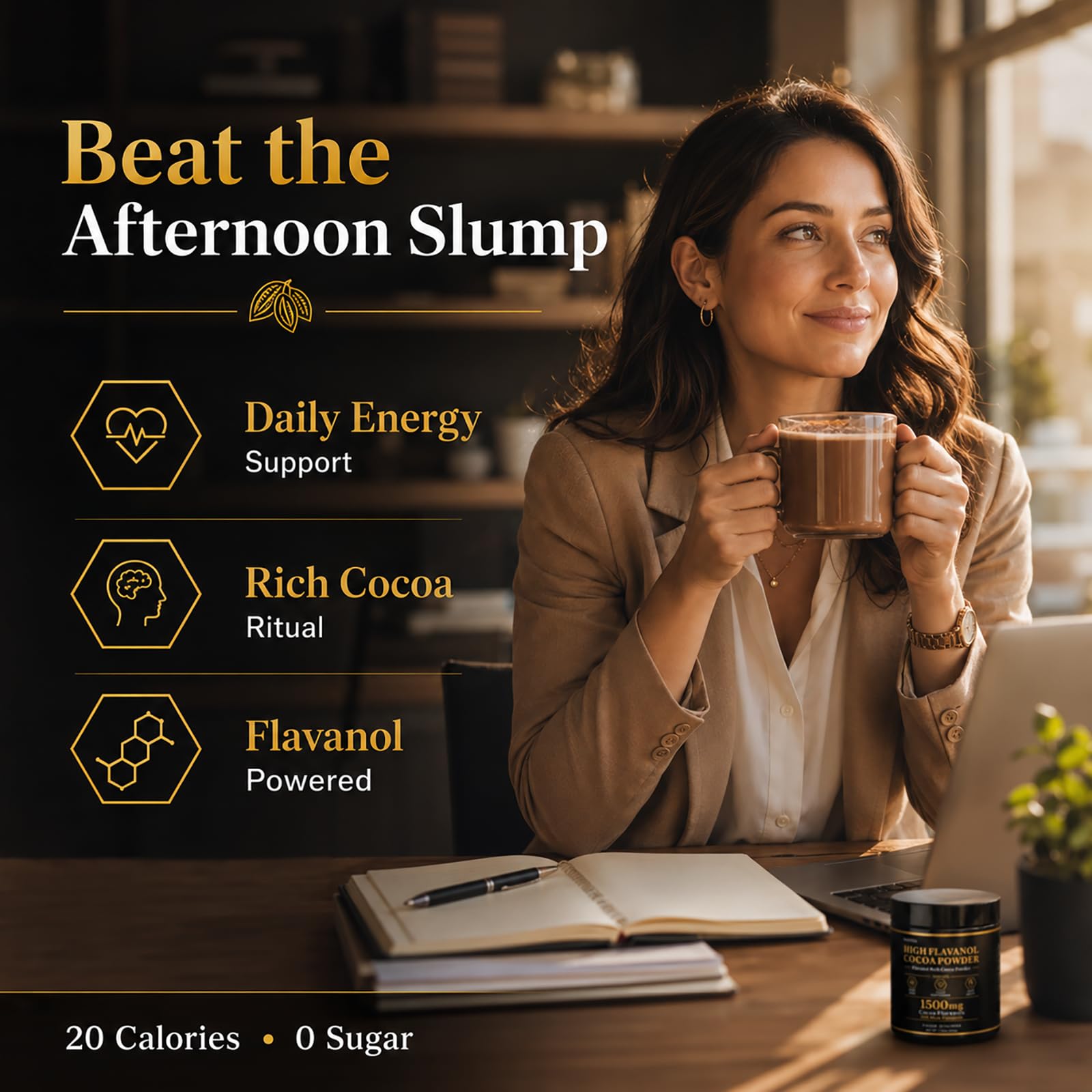 NUEVIDA polvo mezclándose en café para energía por la tarde
