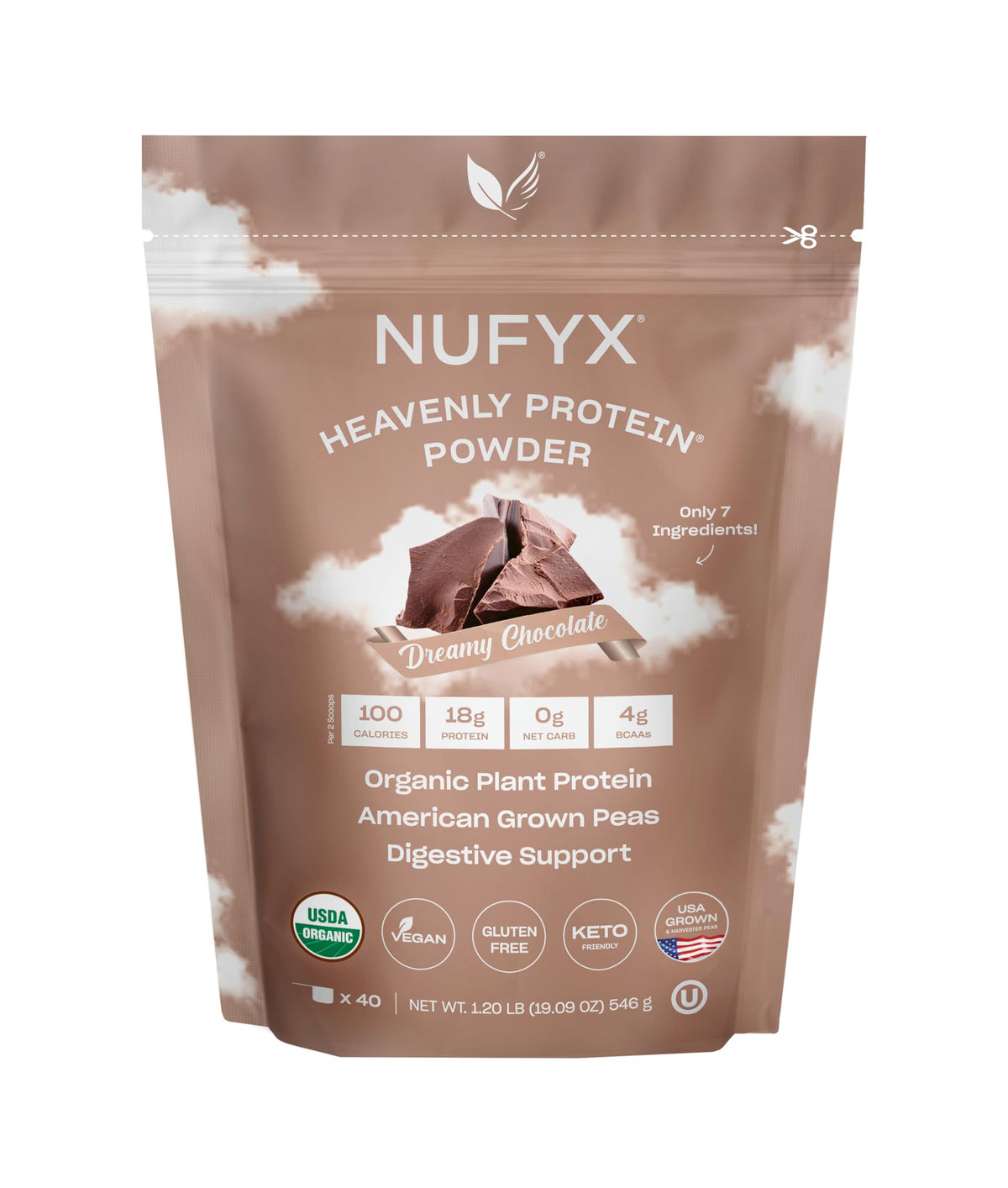 NUFYX envase frontal Dreamy Chocolate mostrando etiqueta y beneficios