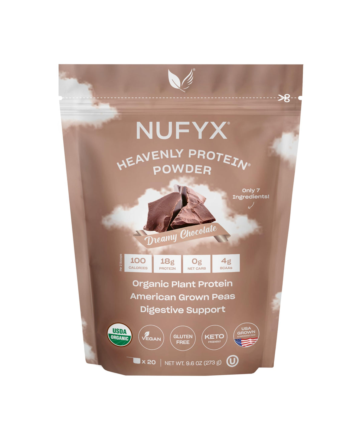 NUFYX envase frontal mostrando diseño y sabor Dreamy Chocolate, claridad de ingredientes