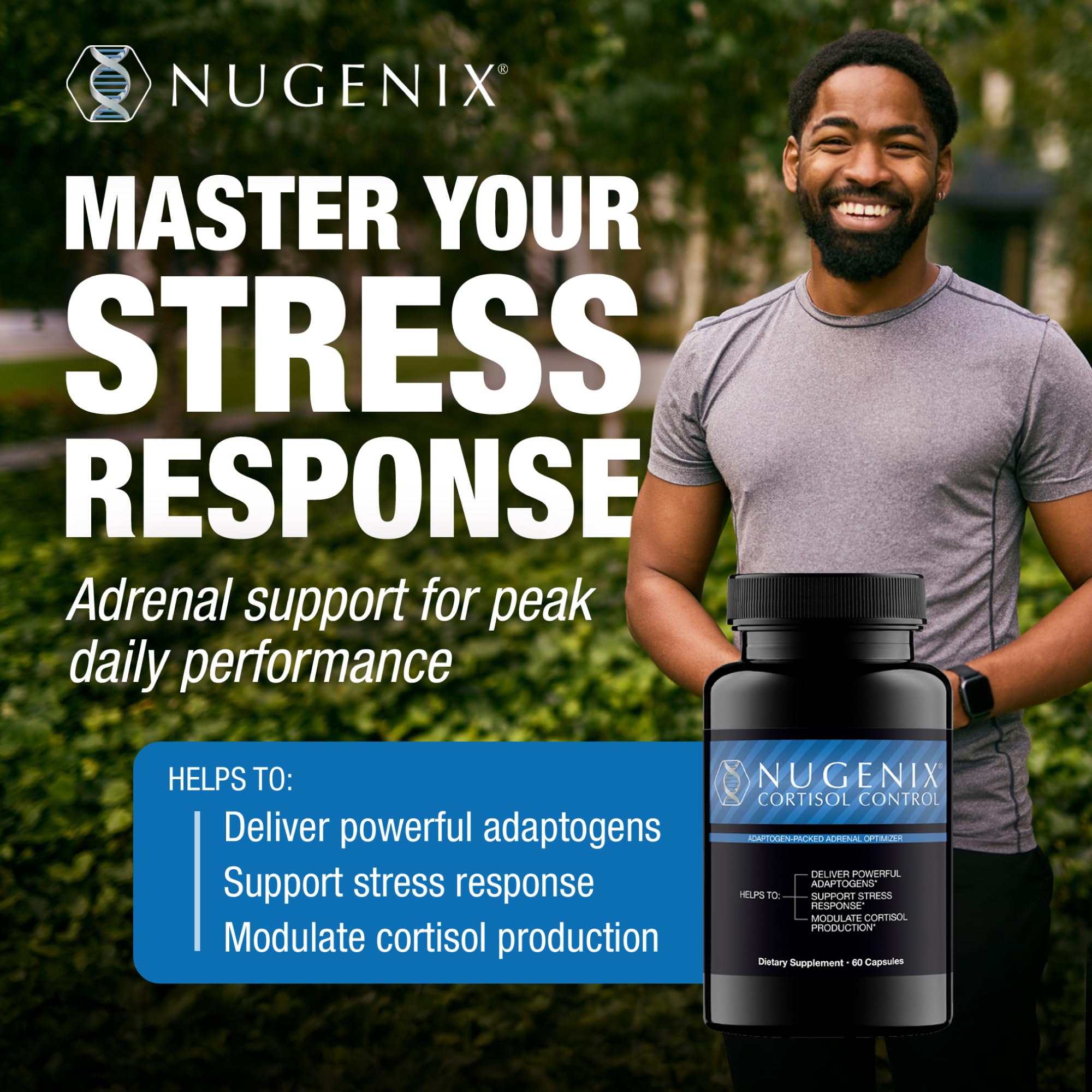 Nugenix ingredientes cercanos mostrando Sensoril y Relora para apoyo