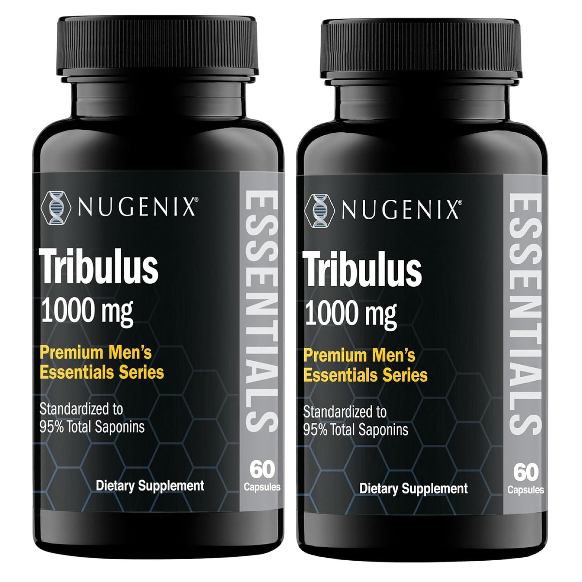 Nugenix Essentials Tribulus frontal del envase con etiqueta clara y beneficios