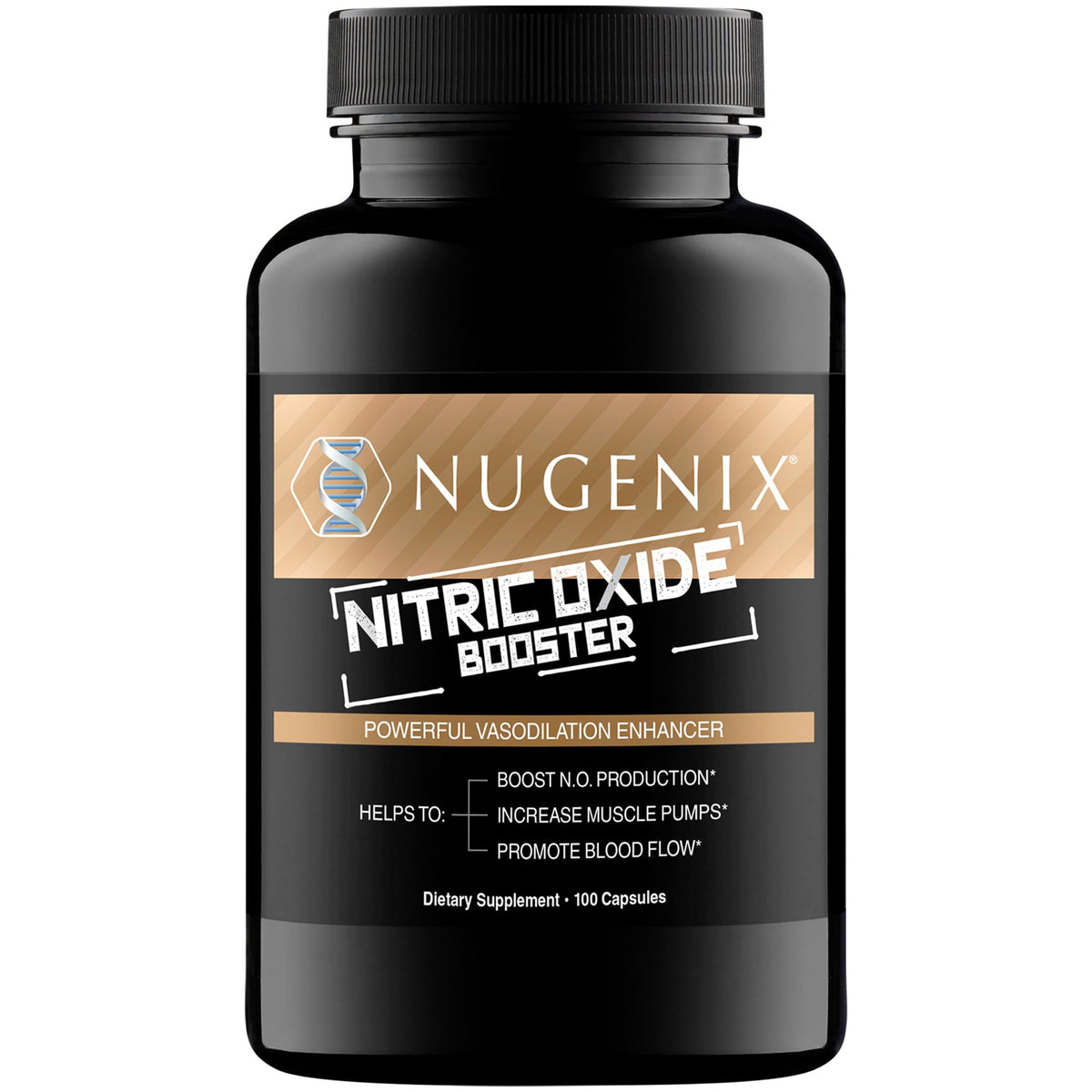 Nugenix envase frontal mostrando 100 cápsulas y beneficios visuales