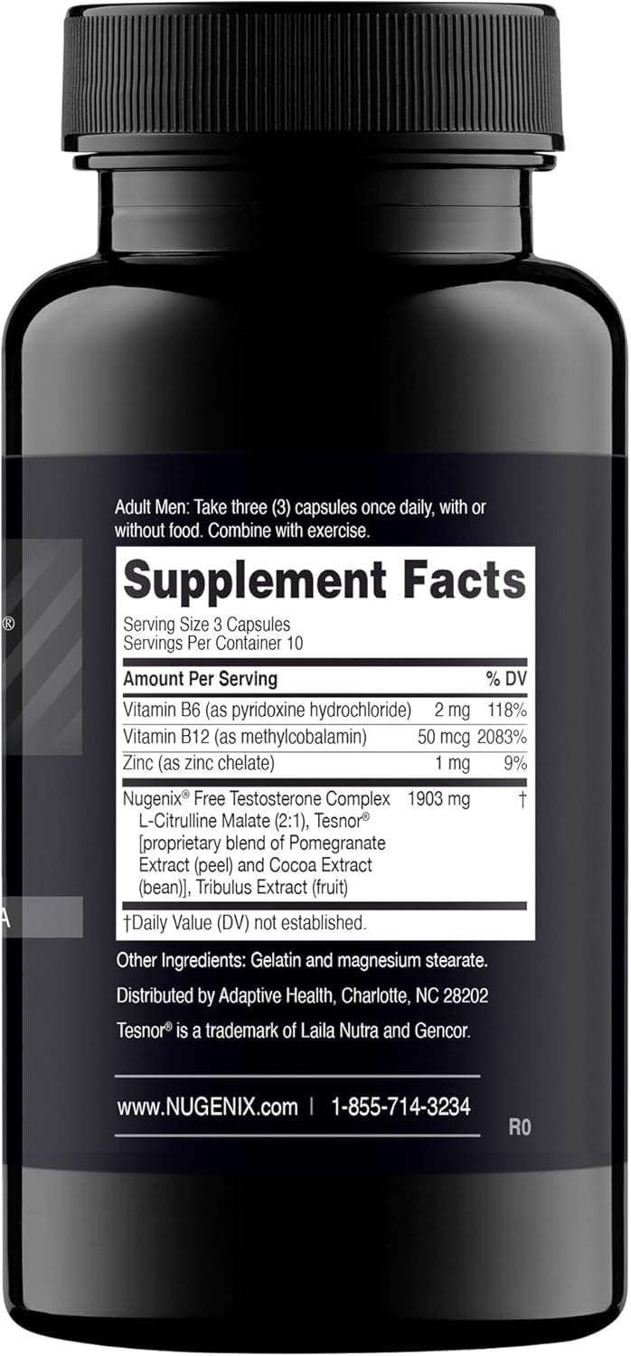 Nugenix T Booster envase junto a una mano para comparar tamaño real