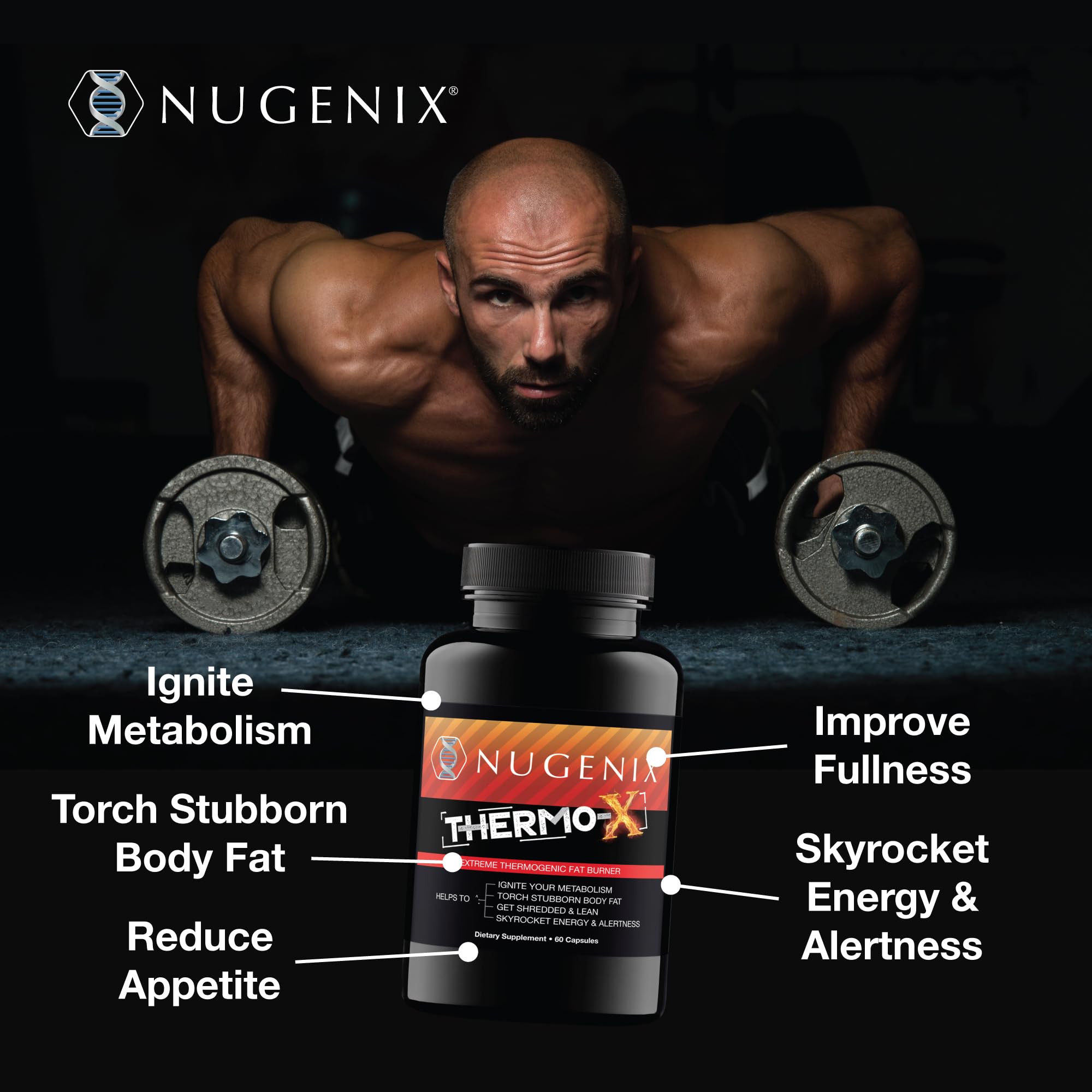 Nugenix Thermo‑X persona tomando cápsula antes de entrenar para energía