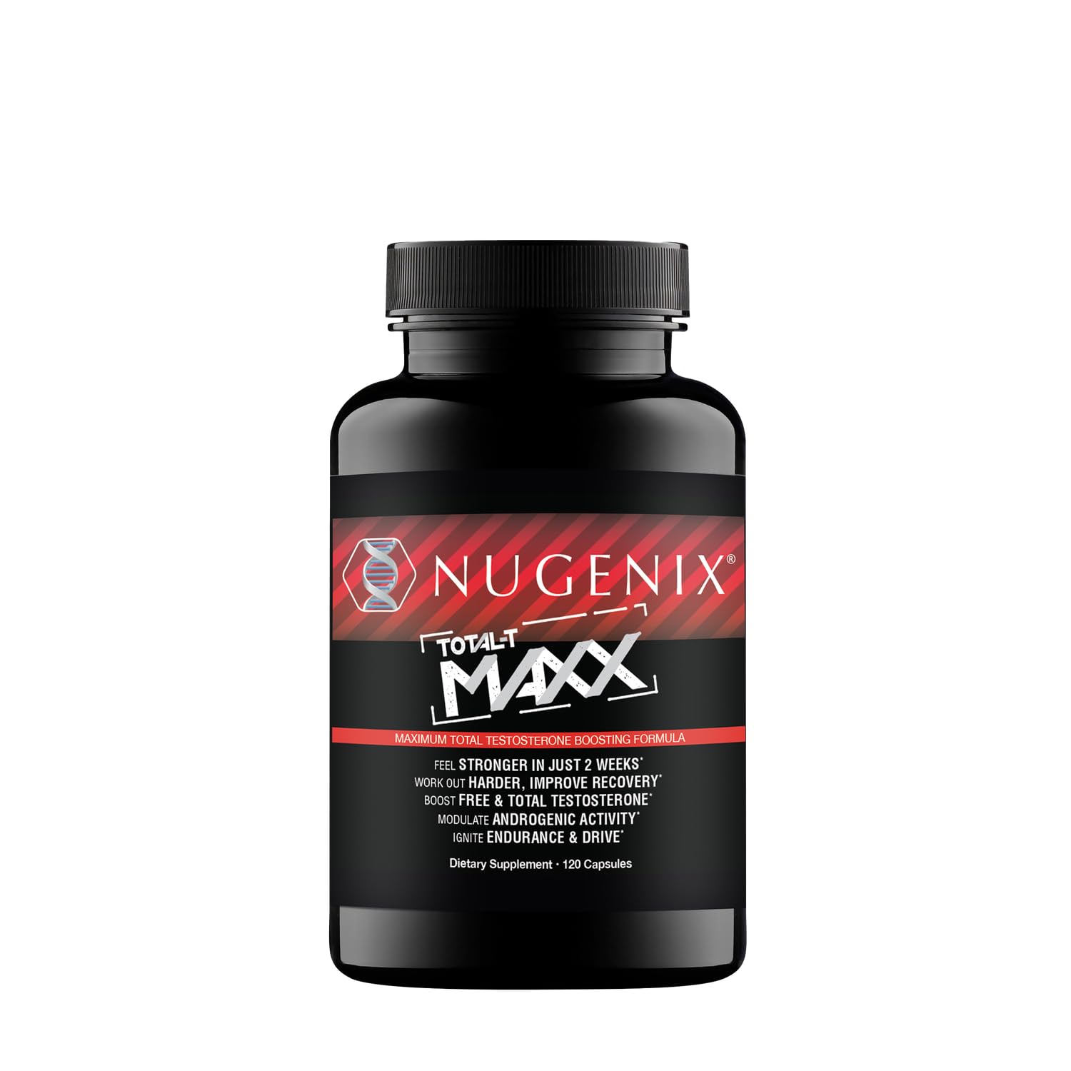 Nugenix Total-T Maxx botella frontal mostrando presentación y beneficio de apoyo hormonal