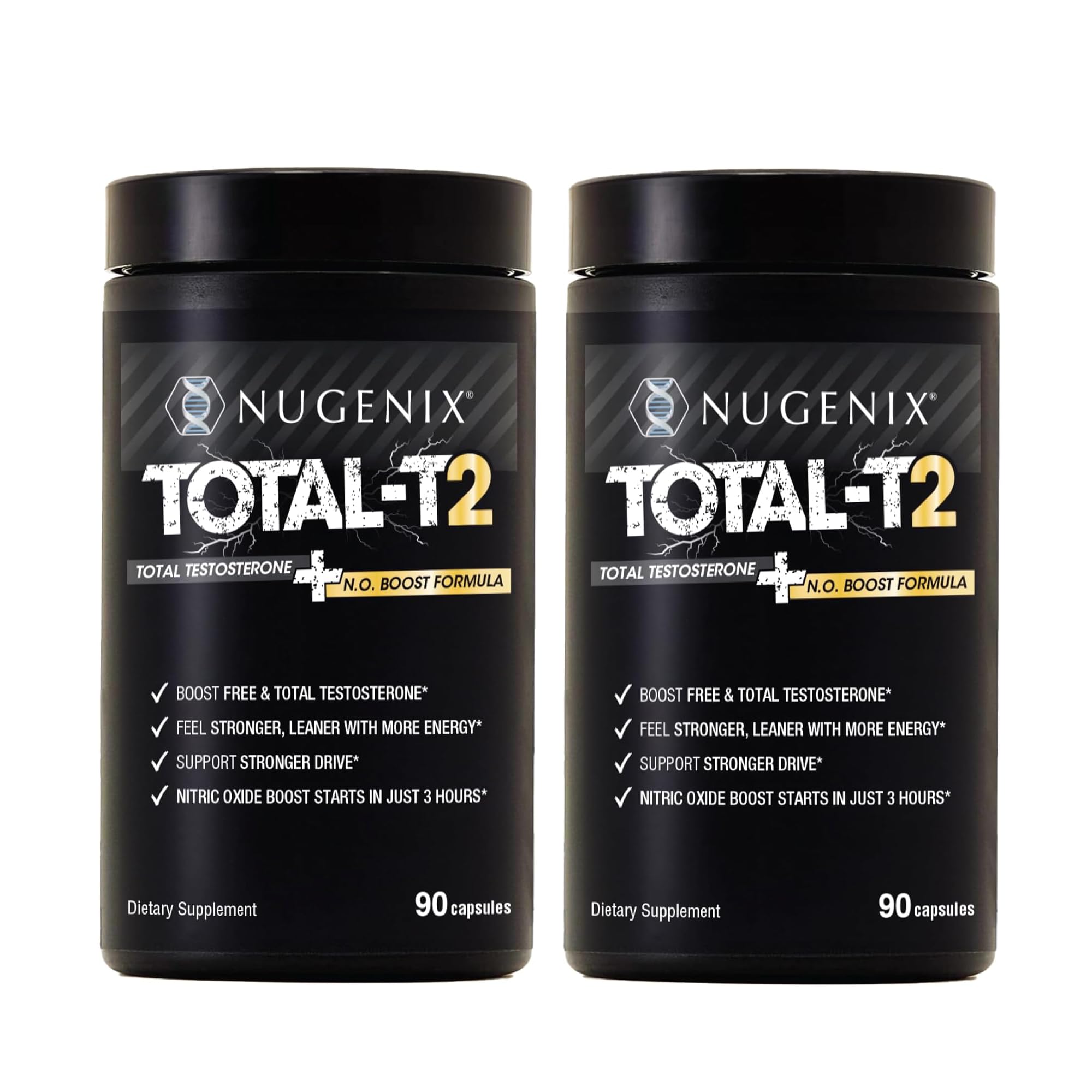 Nugenix Total-T2 frente del envase mostrando fórmula y beneficios