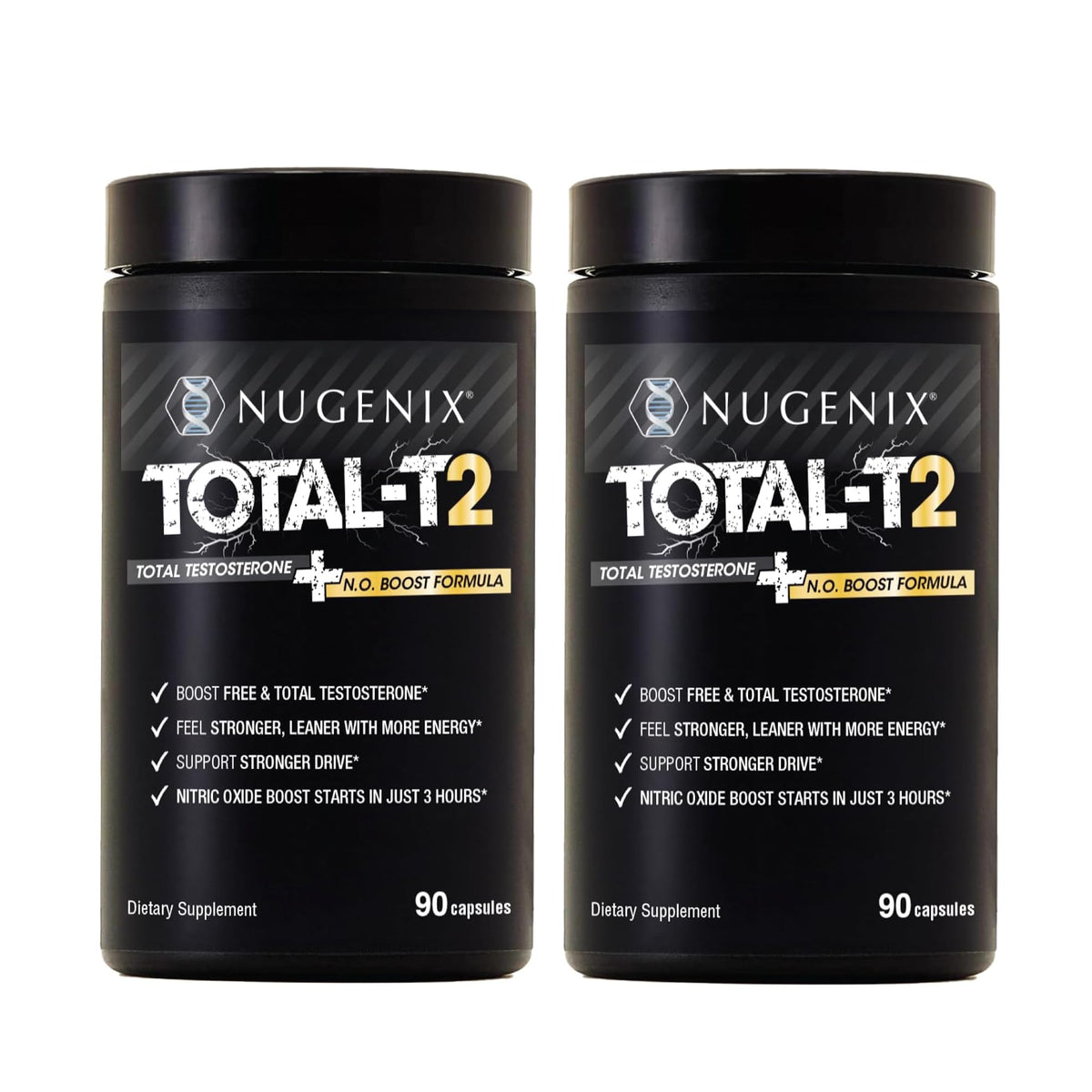 Nugenix Total-T2 frente del envase mostrando fórmula y beneficios