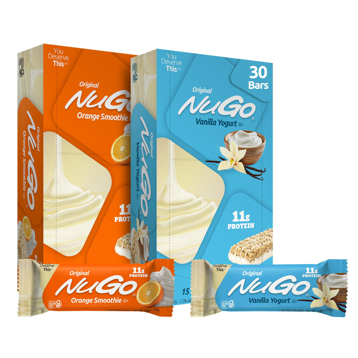 NuGo paquete frontal mostrando 30 barritas y conveniencia familiar
