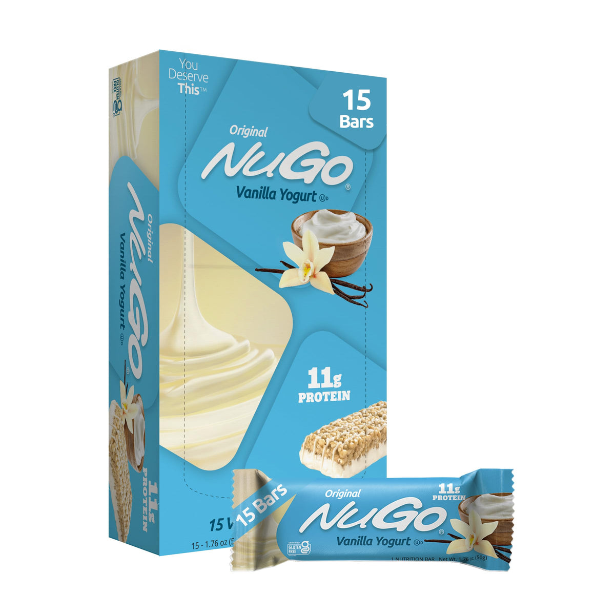 NuGo frontal del empaque que muestra sabor vainilla yogurt y conveniencia