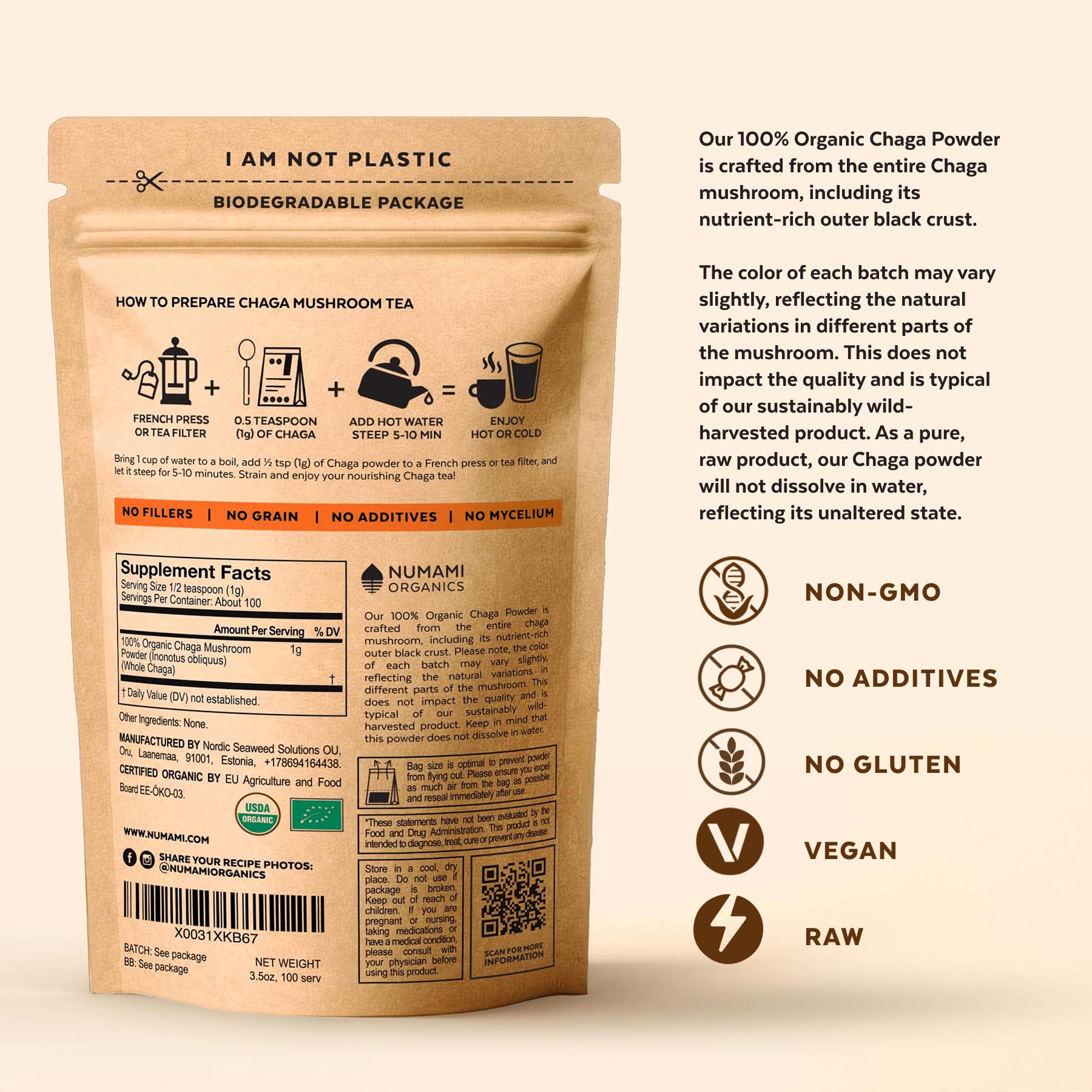 Lifestyle cocina con Numami chaga y envases compostables, compromiso ecológico