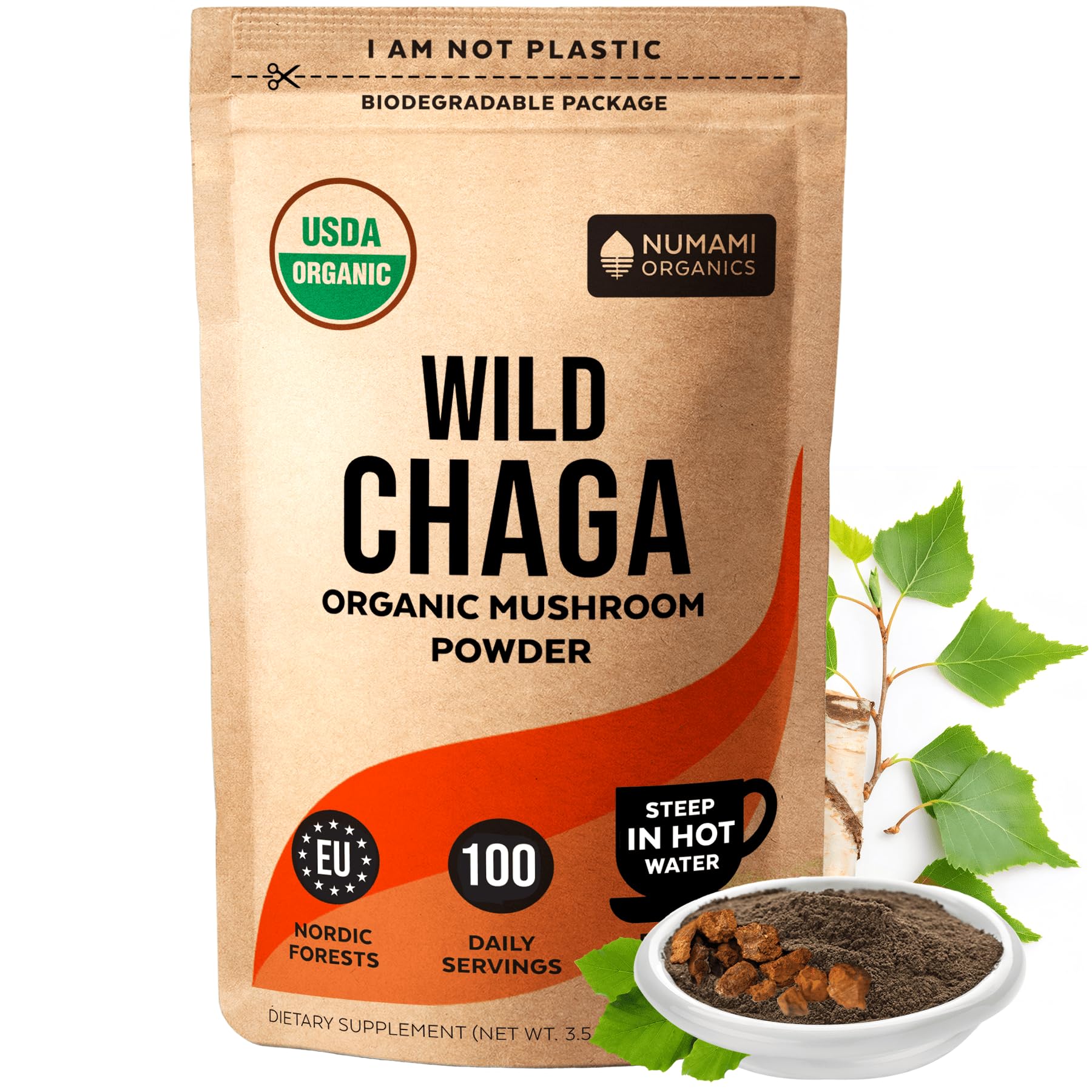 Numami chaga polvo frente del empaque mostrando etiqueta orgánica y diseño eco