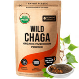 Numami chaga polvo frente del empaque mostrando etiqueta orgánica y diseño eco