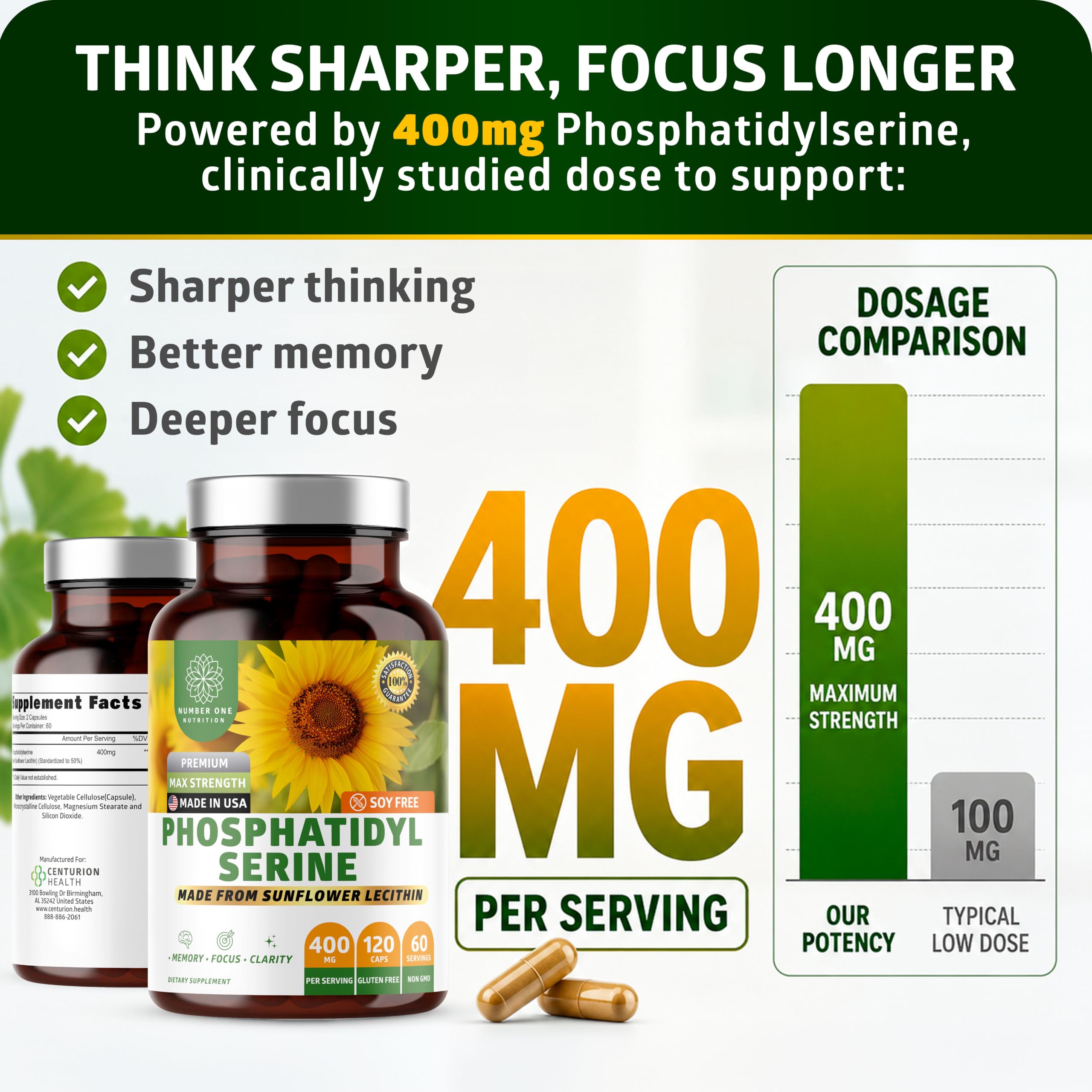 Number One Nutrition detalle de etiqueta con concentración 400 mg y sin soja