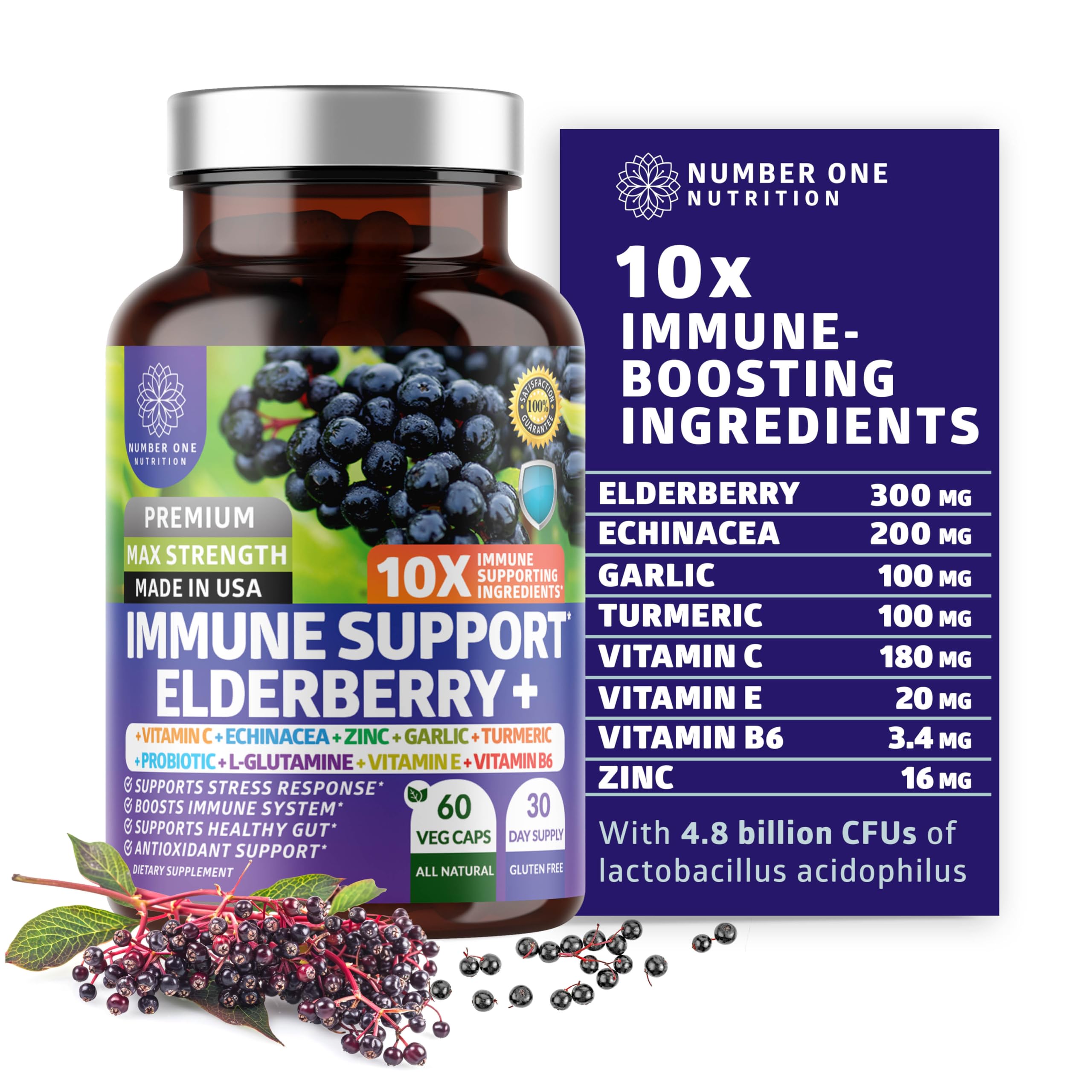 Number One Nutrition frasco frontal del suplemento elderberry con diseño claro y beneficio de conveniencia