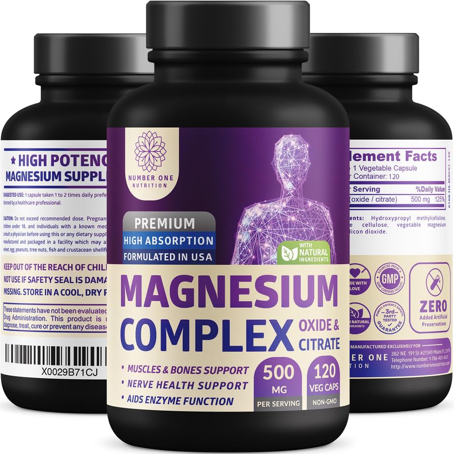 Number One Nutrition frasco frontal del Magnesium Complex mostrando etiqueta y beneficio conveniencia