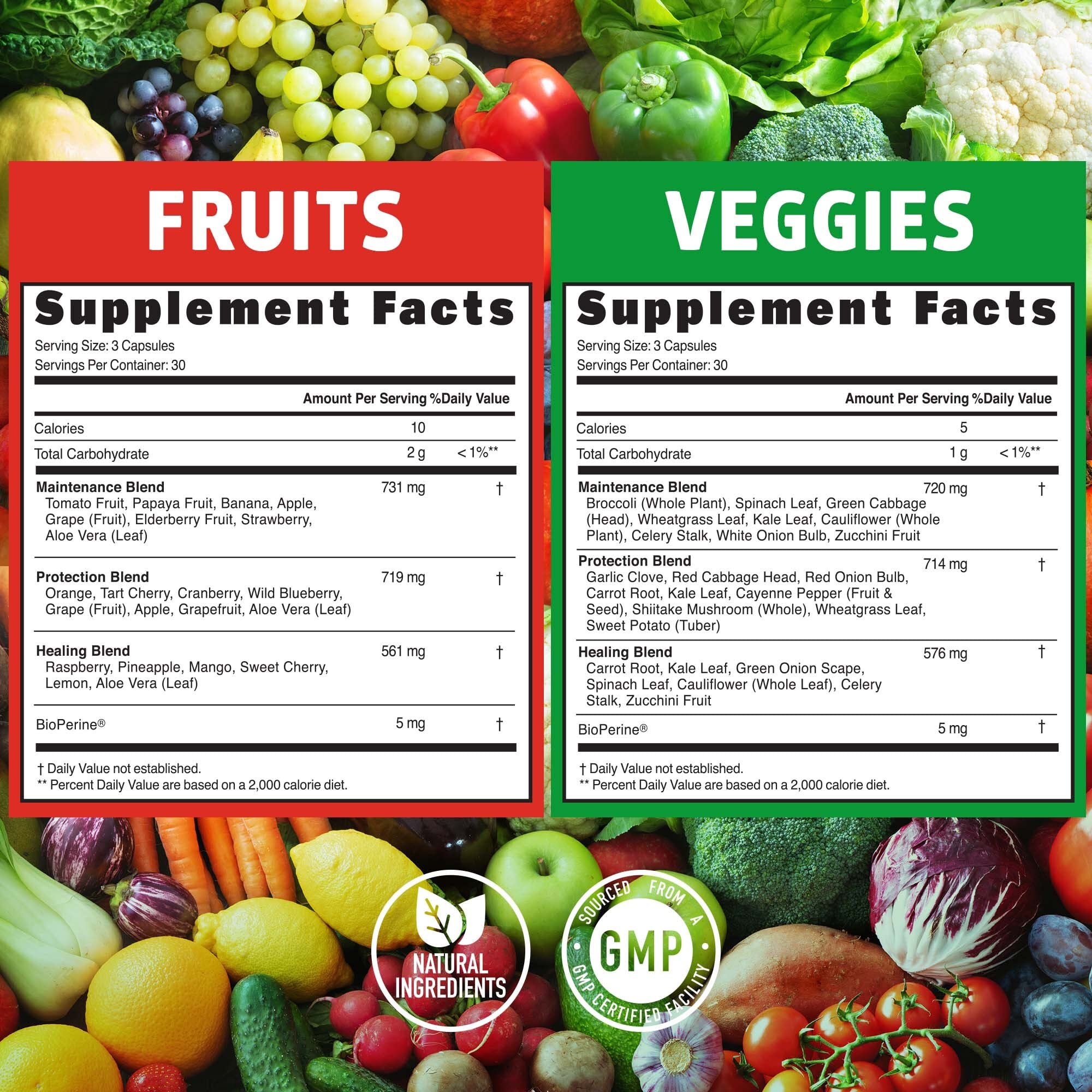 Number One Nutrition collage de frutas y verduras reales, imagen informativa
