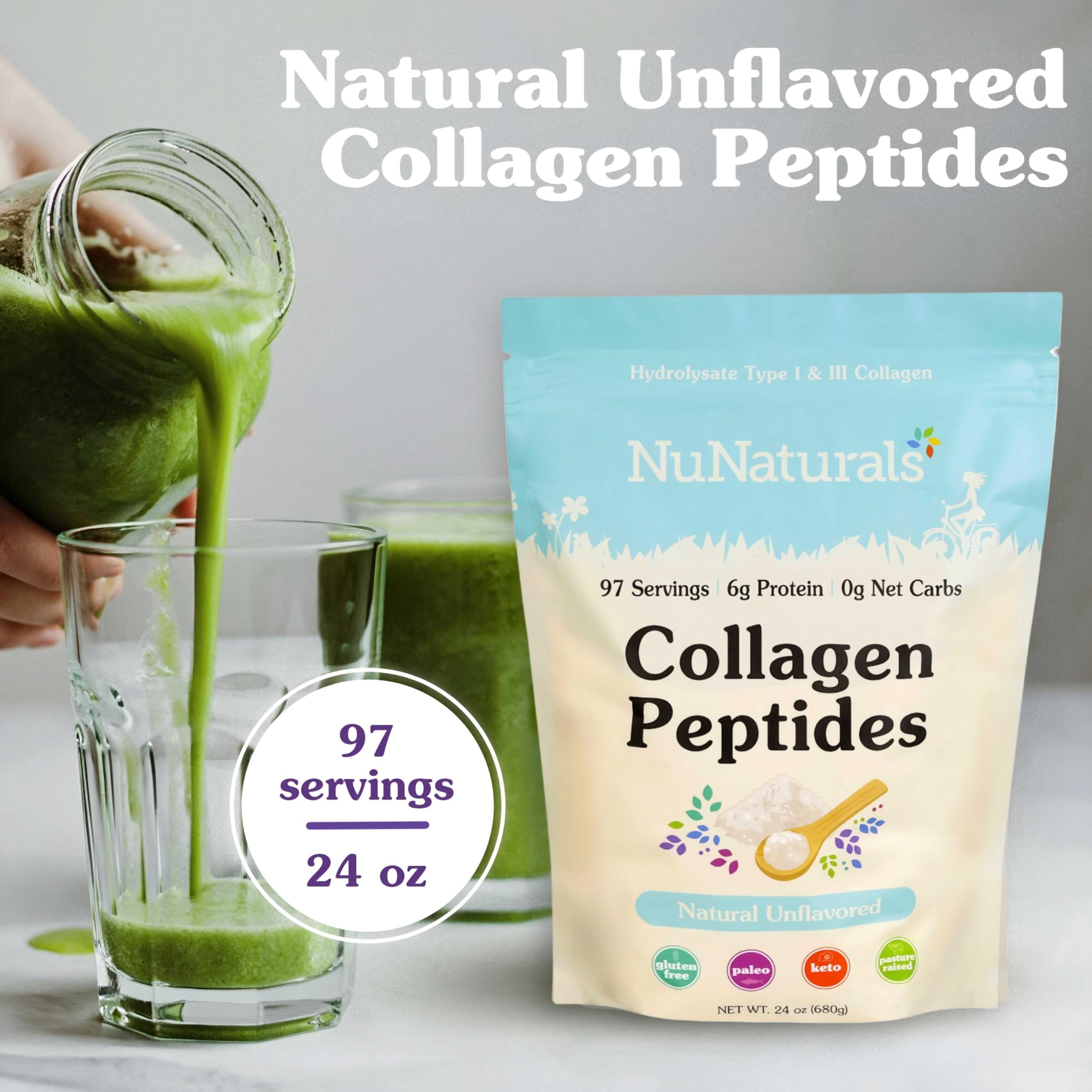 Nunaturals polvo de colágeno en primer plano, textura fina para disolución rápida