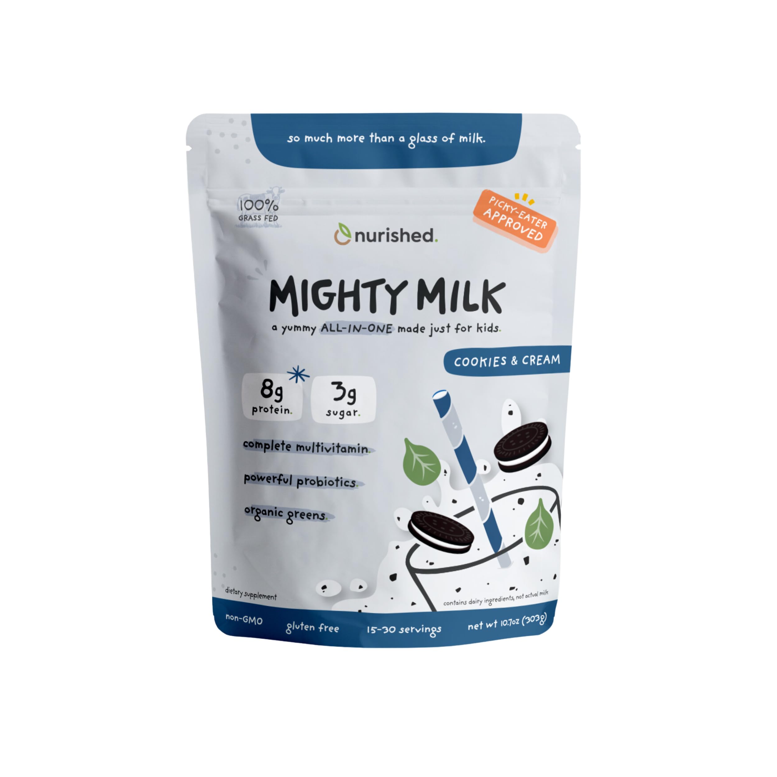 Nurished envase frontal mostrando sabor cookies & cream y atributos naturales
