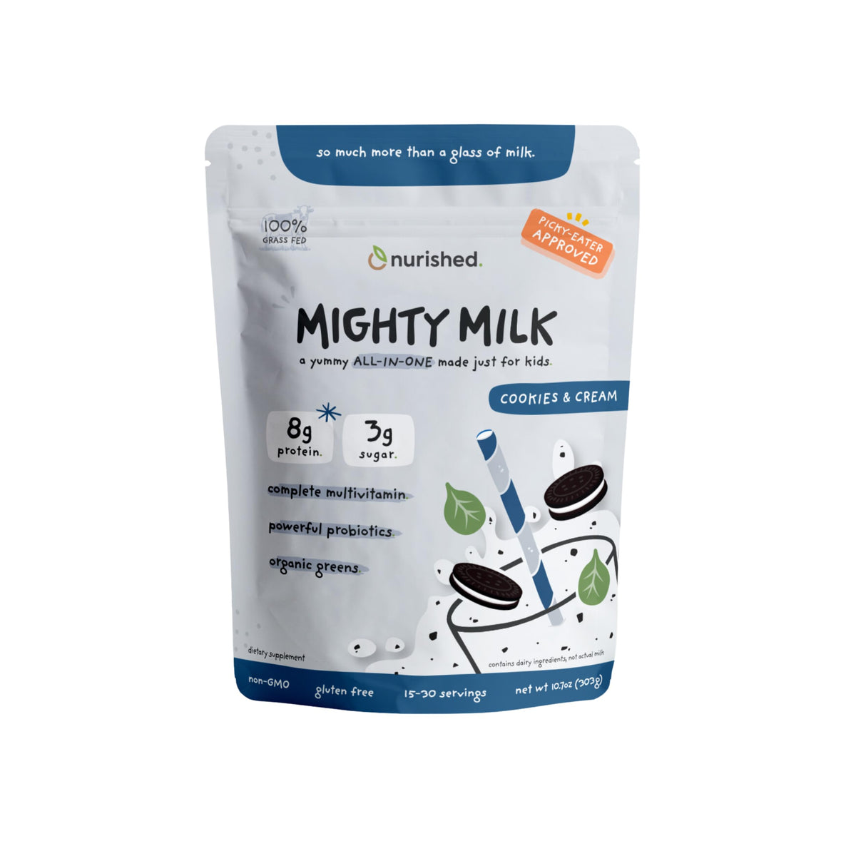 Nurished envase frontal mostrando sabor cookies & cream y atributos naturales