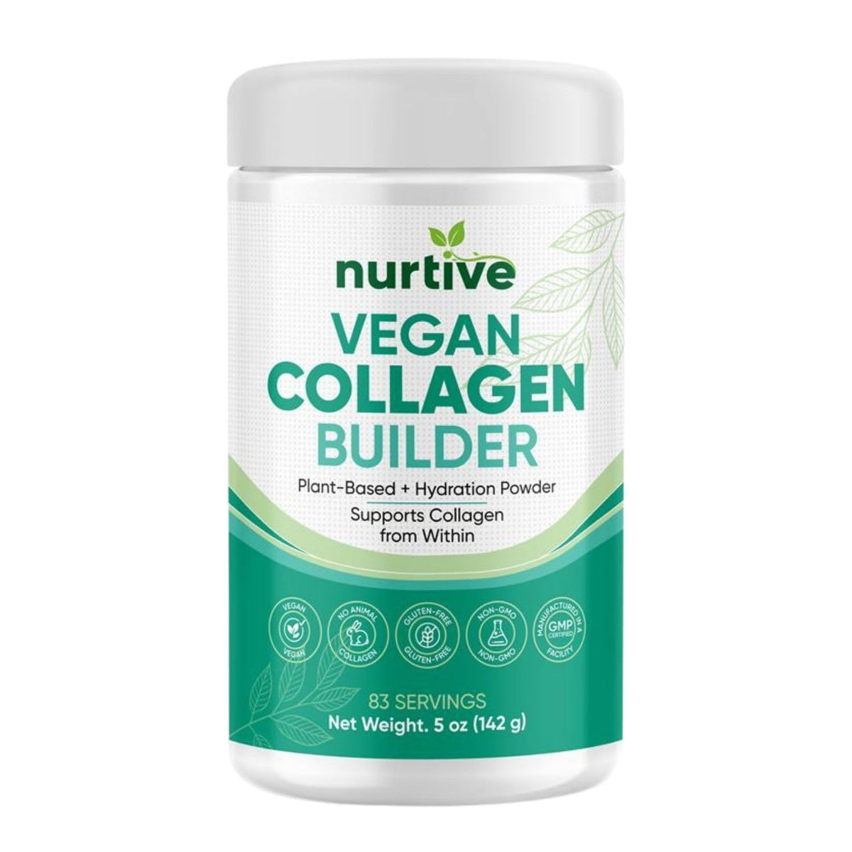 NURTIVE envase frontal del Collagen Builder Powder mostrando el diseño y beneficio de uso prolongado