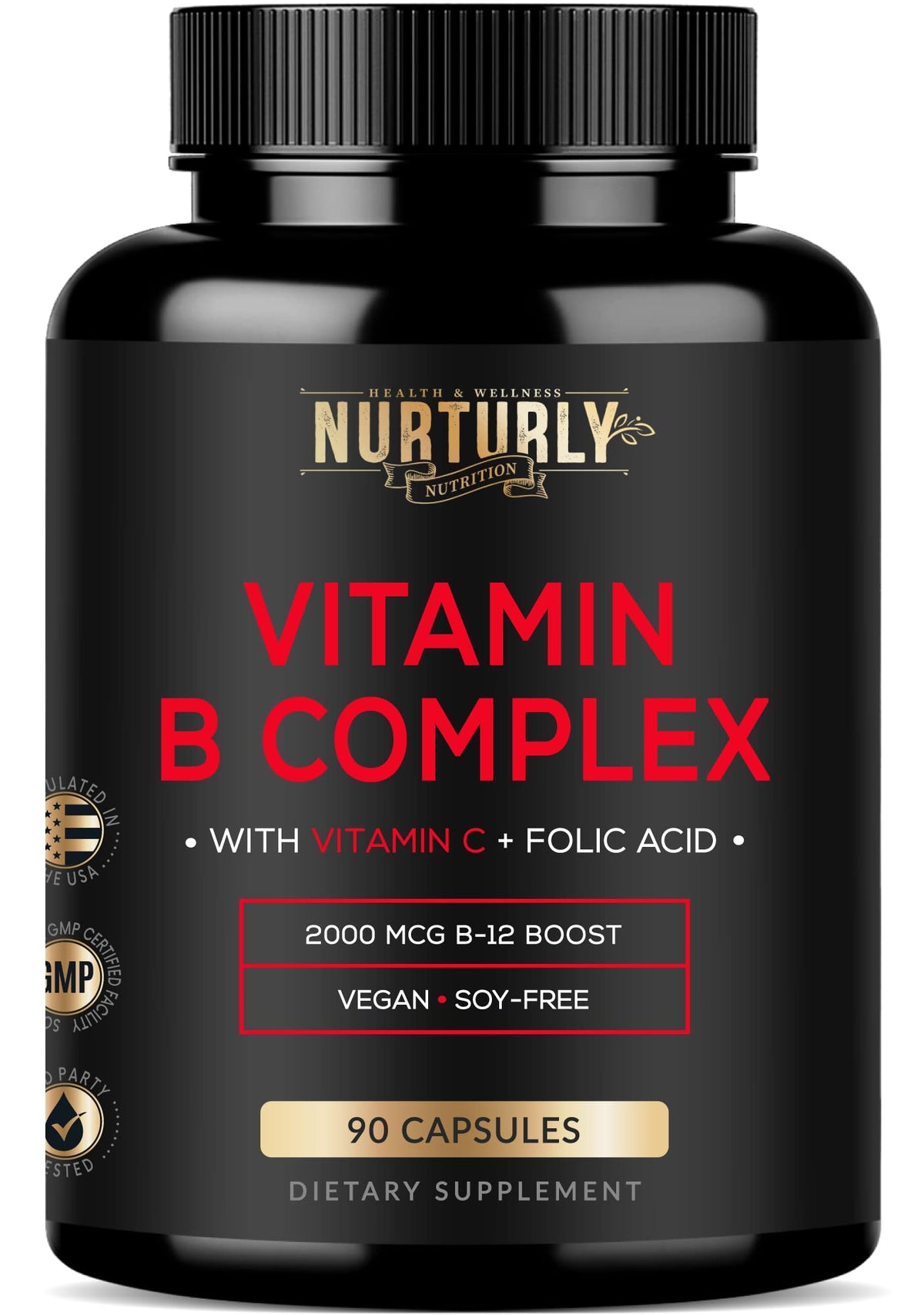 NURTURLY envase frontal mostrando el nombre y ventaja de vitaminas B