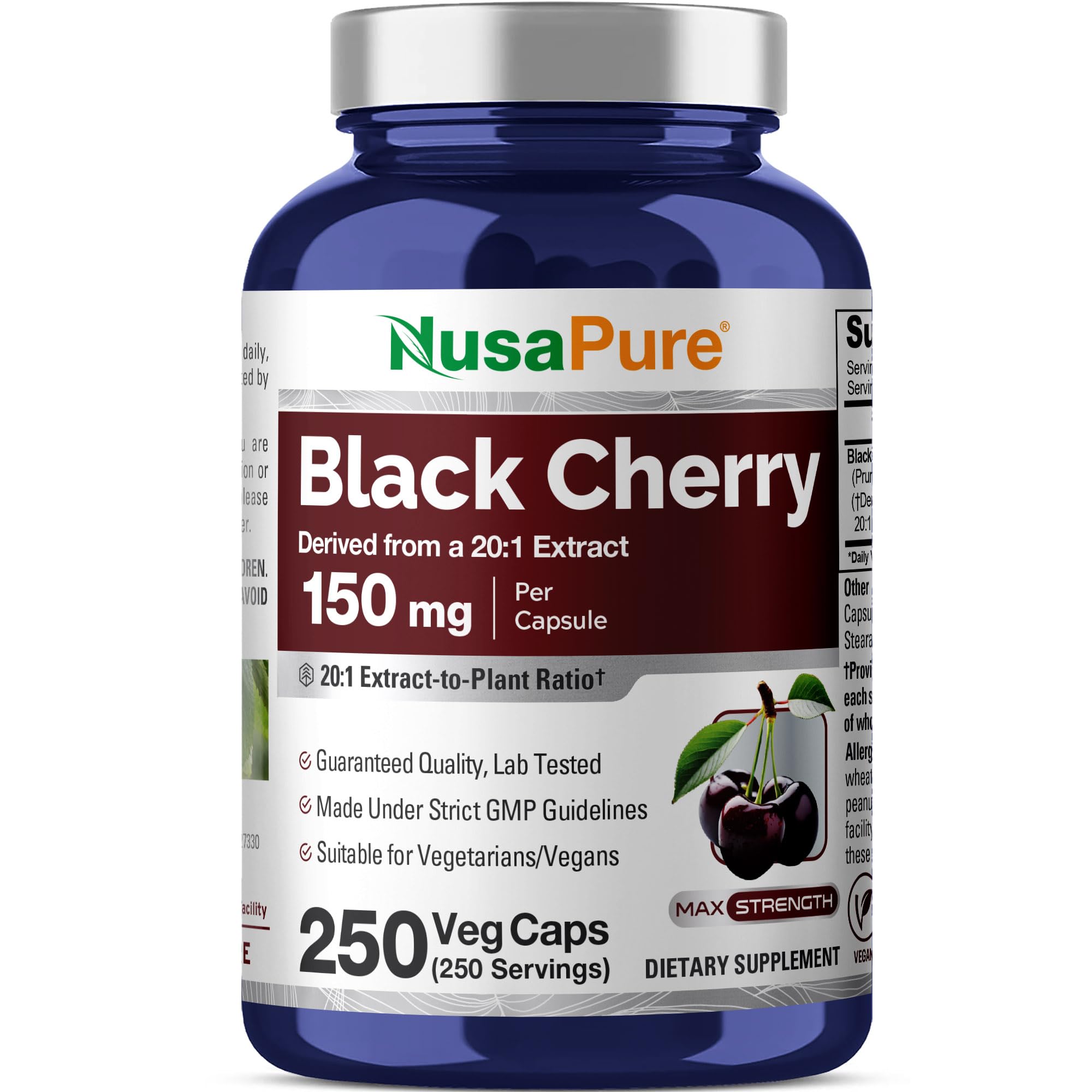NusaPure Black Cherry frente del envase mostrando contenido y sello cGMP