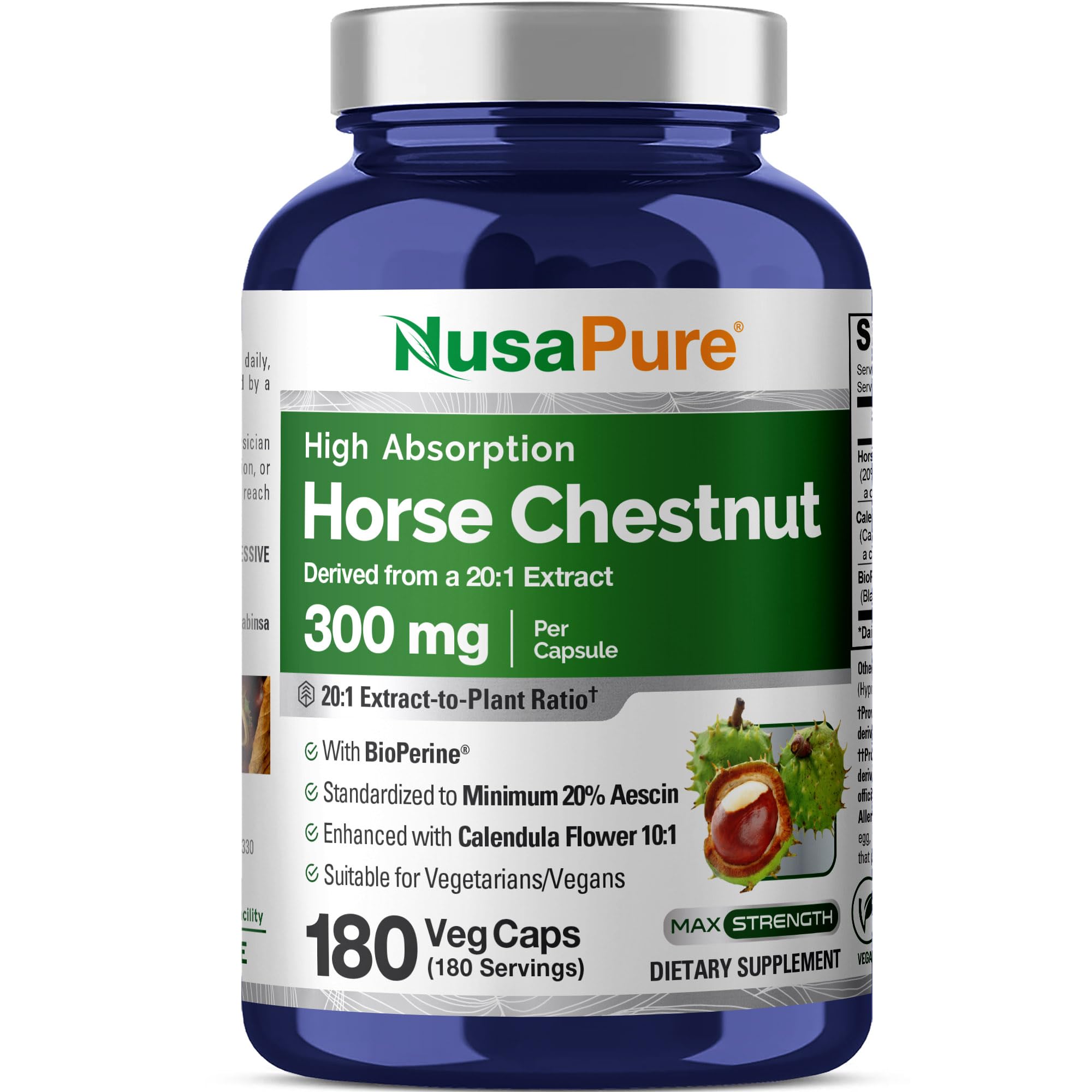 NusaPure frasco frontal mostrando 180 cápsulas veganas, práctico y claro