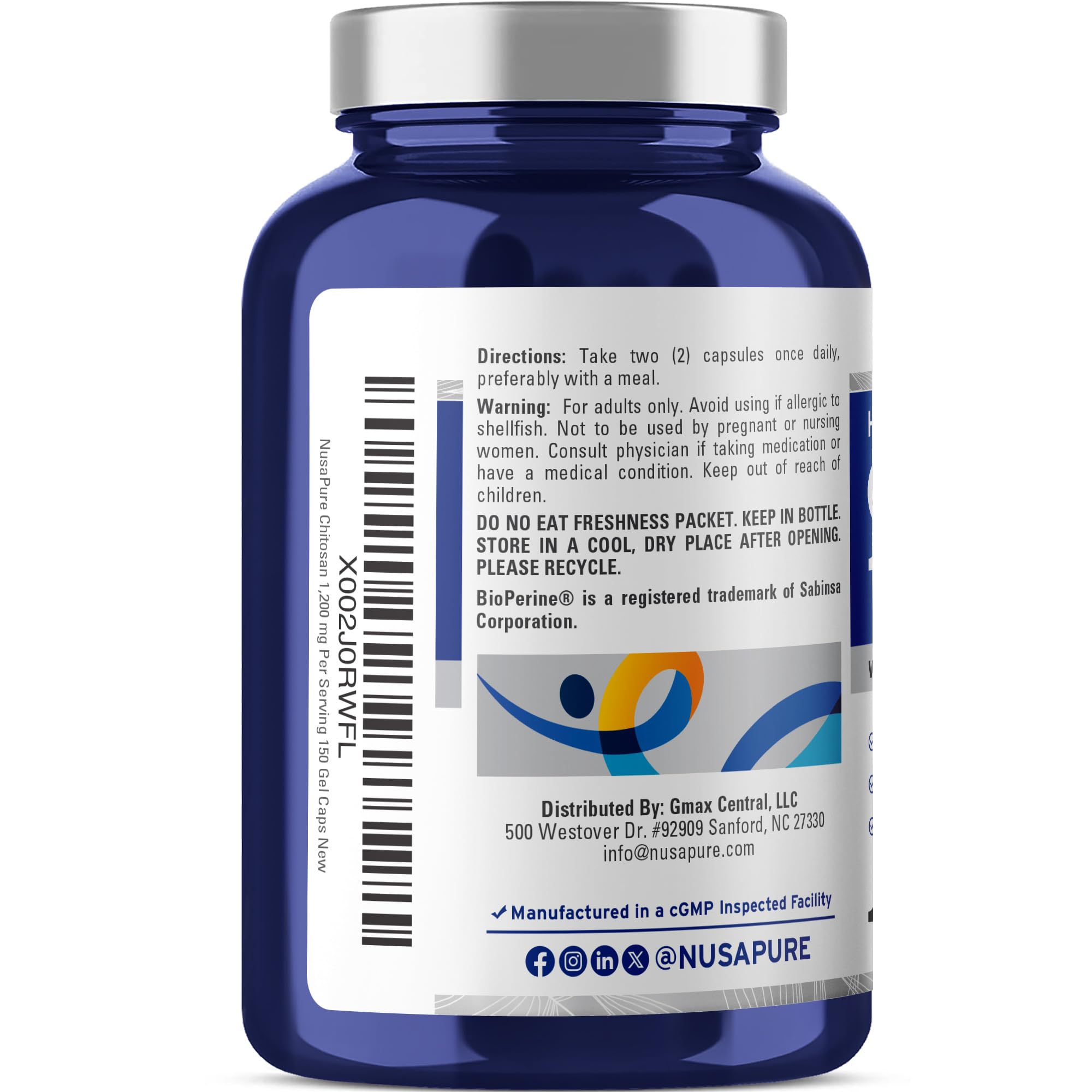 NusaPure detalle de etiqueta con dosis 1200 mg y Bioperine, confianza clara