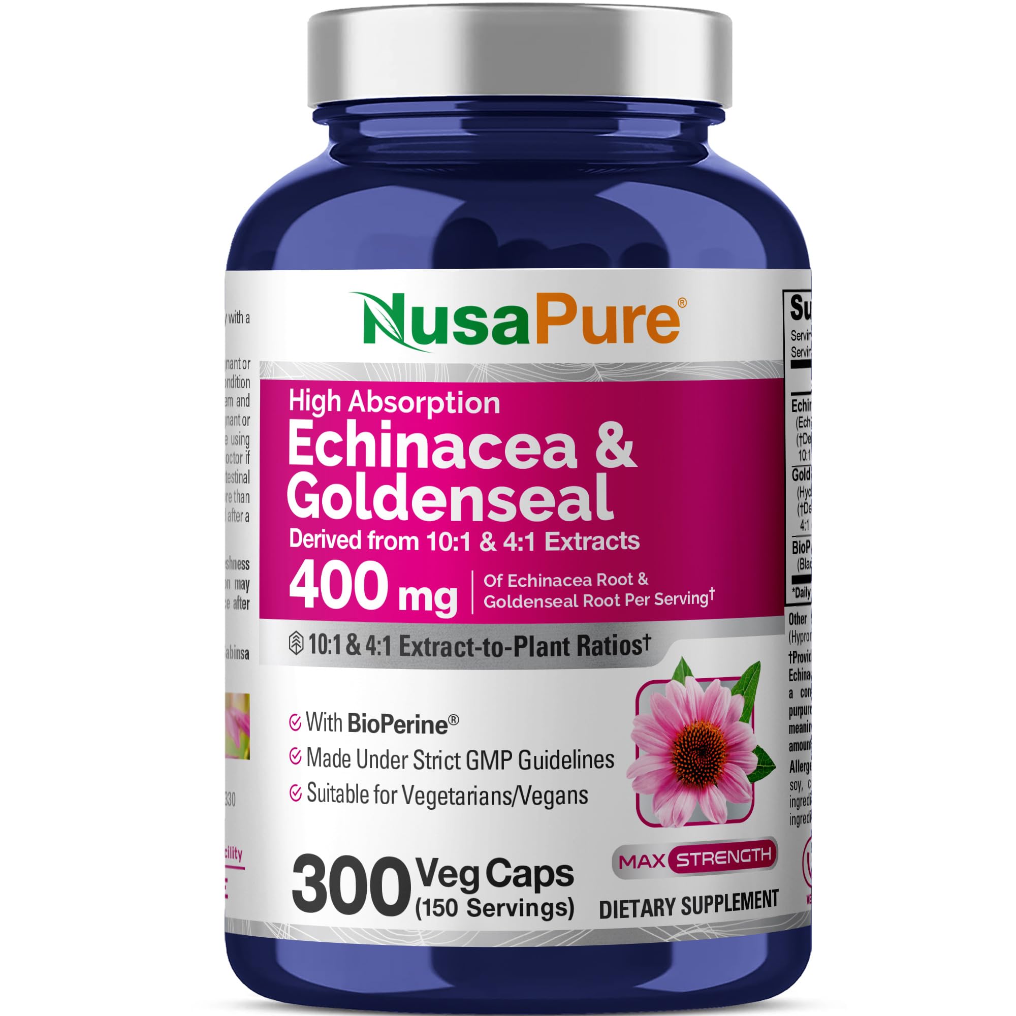 NusaPure frasco frontal mostrando 300 cápsulas y etiqueta clara