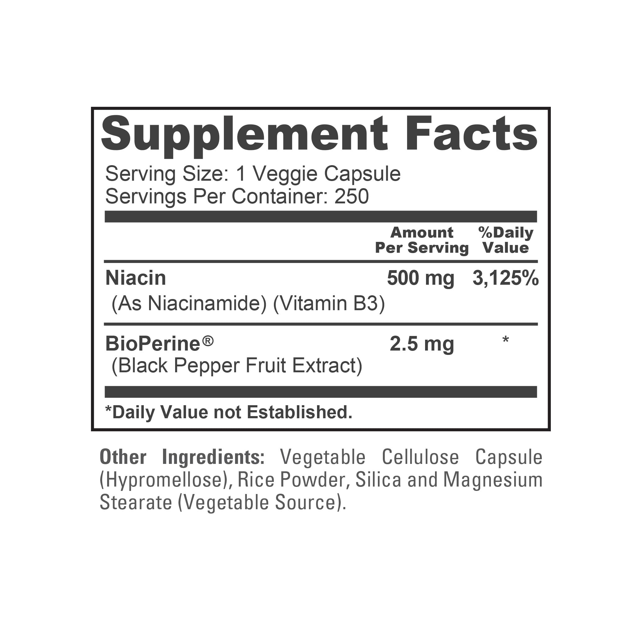 NusaPure etiqueta con información de niacina 500 mg y BioPerine para referencia rápida