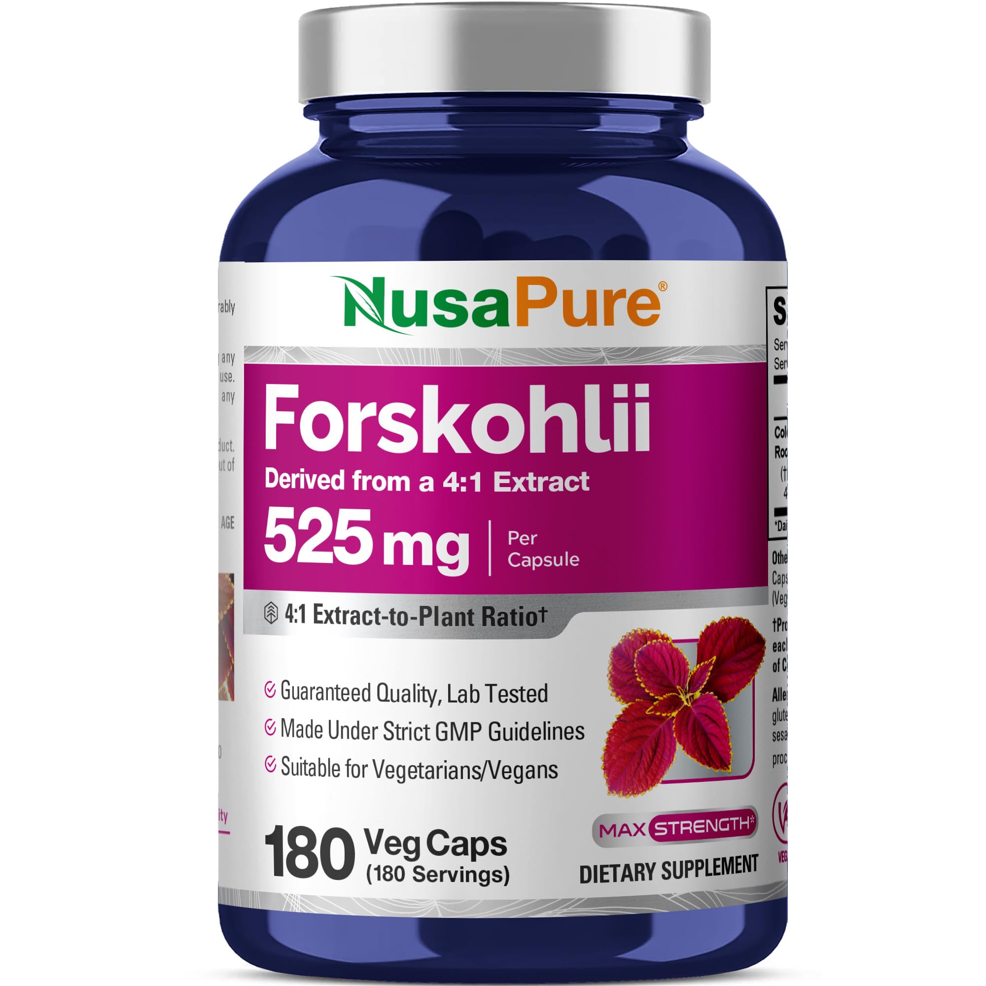 NusaPure frasco frontal mostrando 180 cápsulas y etiquetado claro, conveniencia diaria