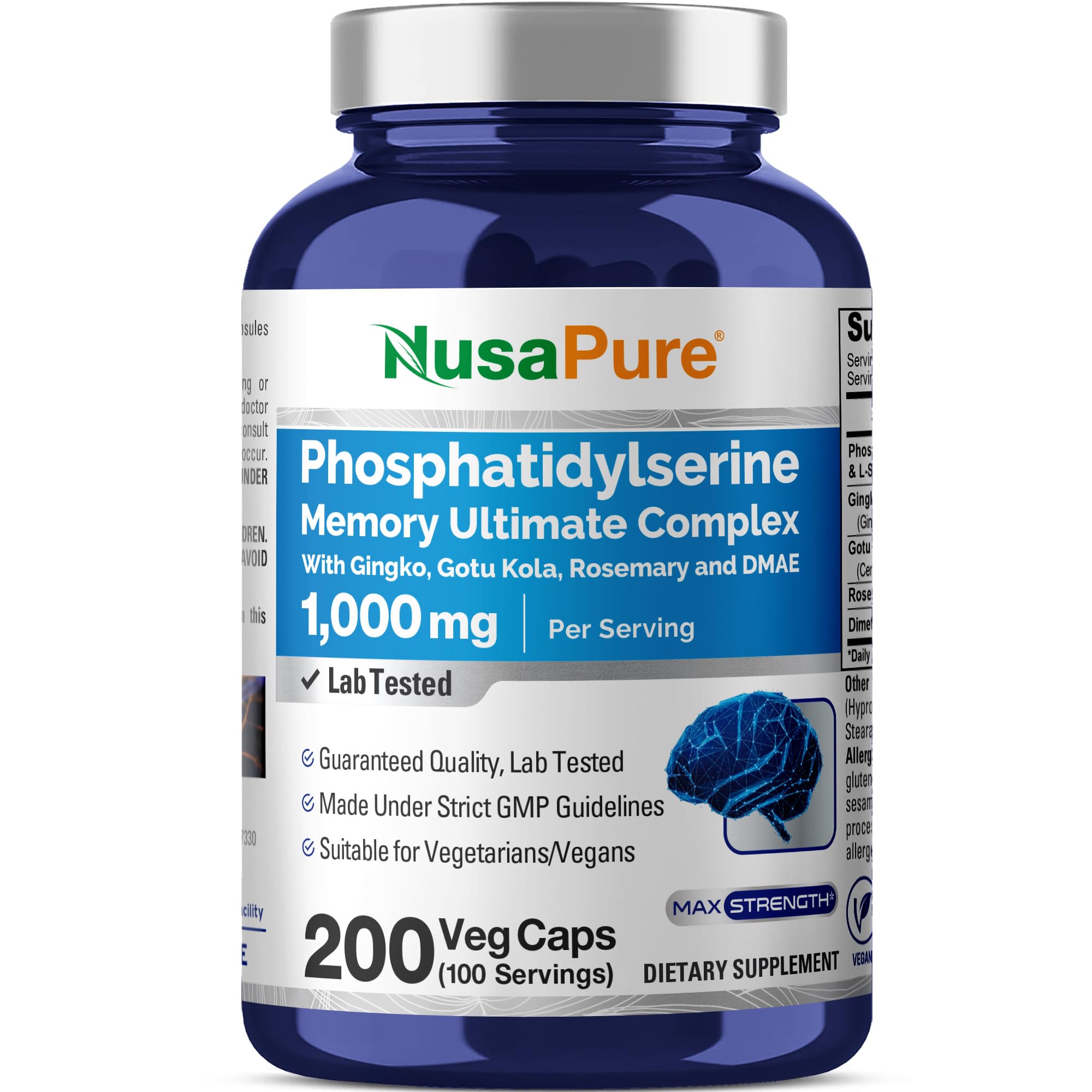 NusaPure vista frontal del frasco mostrando etiqueta clara y beneficios